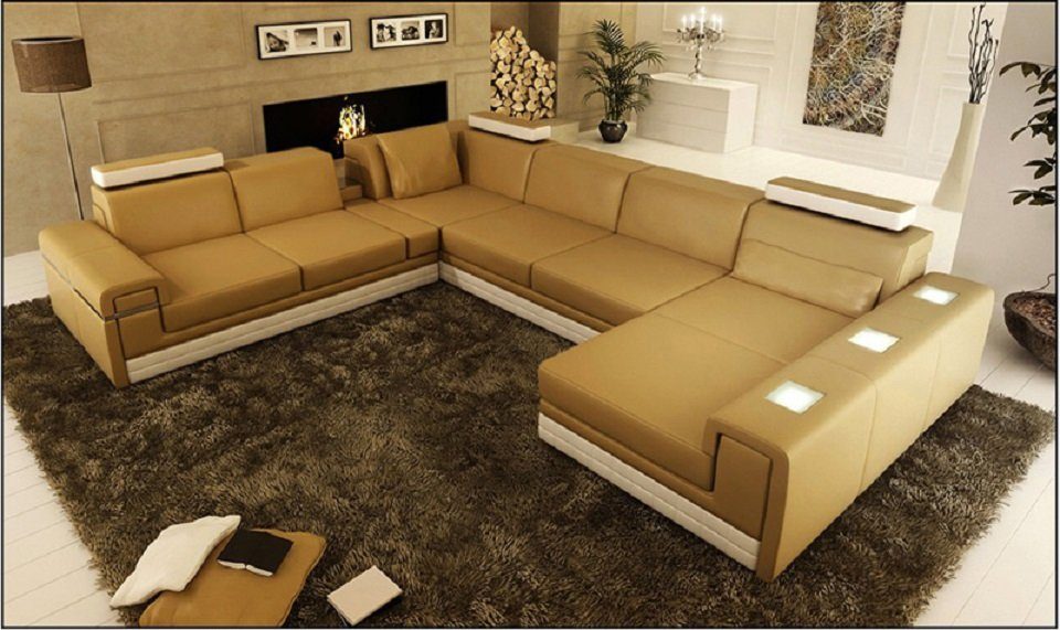 JVmoebel Ecksofa U-Form Sofa Design Ledersofa mit Modern Sofa Weißes Eck Braun/Beige Sofa Ecksofa Beleuchtet, Couch Beleuchtung