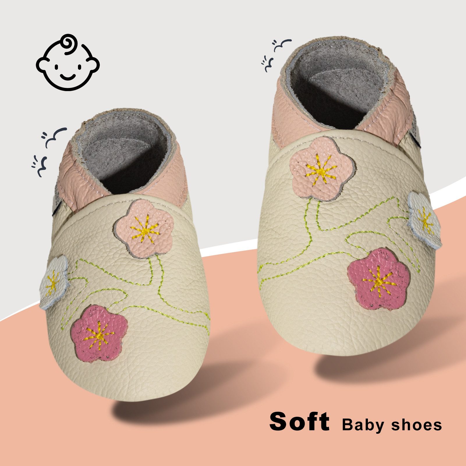 Yalion Baby schuhe aus 100 % Leder Beige mit 3 Blumen Krabbelschuh