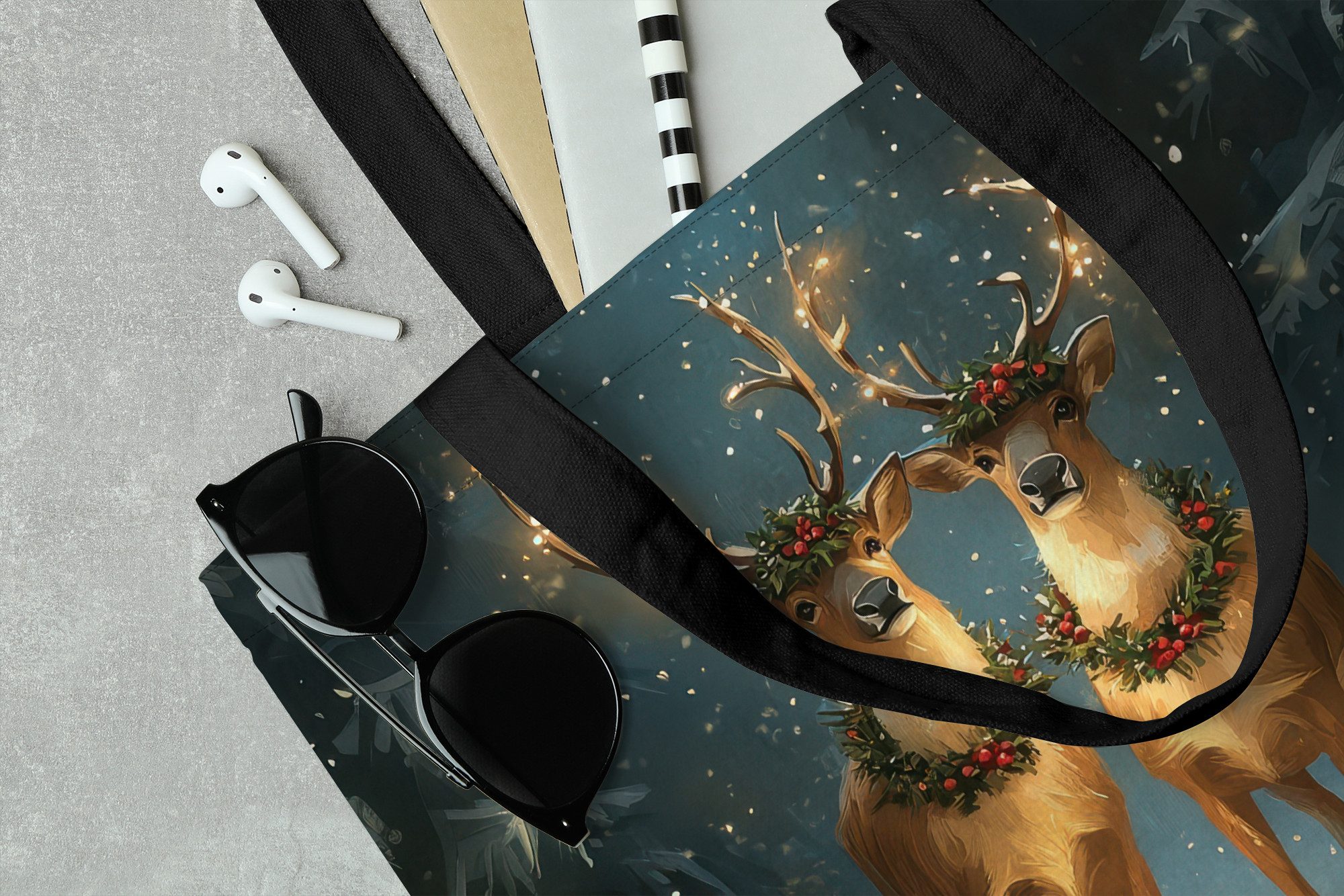 MuchoWow Shopper Kiefer-Märchen - Rentier - Nacht, Handtasche, Damen und Herren, Schultertasche, Umhängetasche, Tote Bag