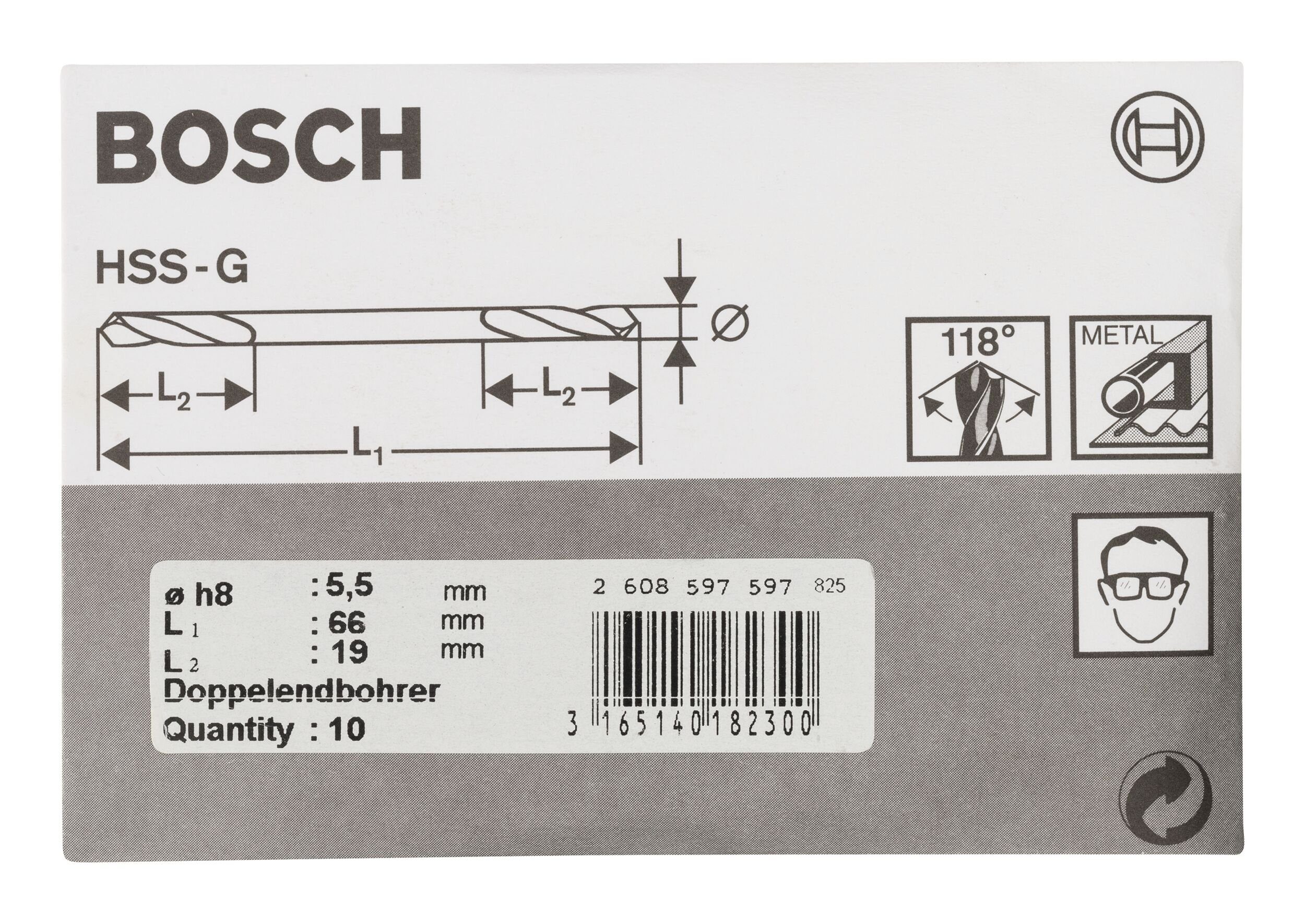 x 19 BOSCH 66 10er-Pack mm Metallbohrer, - (10 5,5 x - HSS-G Doppelendbohrer Stück),