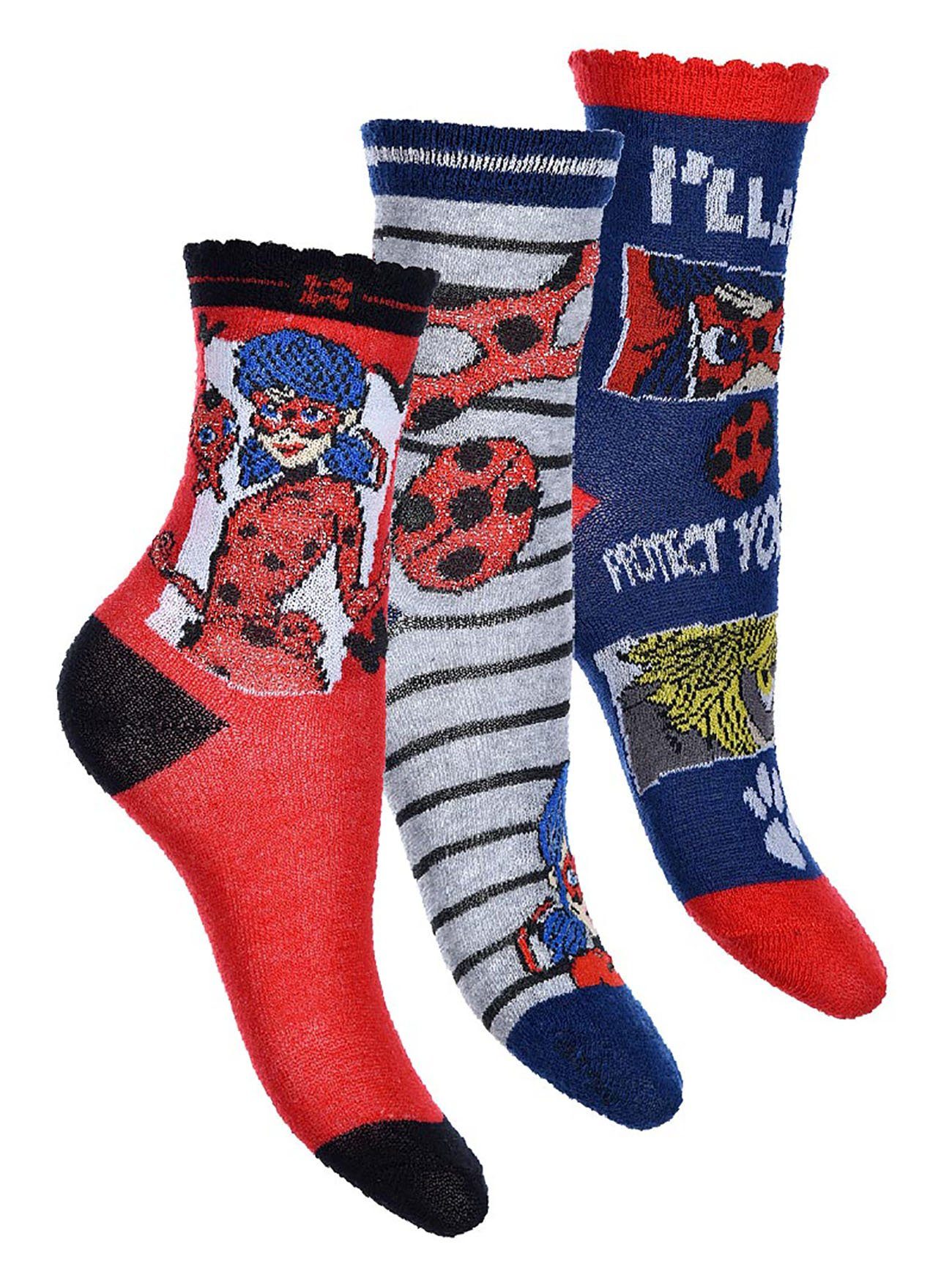 Socken Kindersocken, Miraculous rot-blau-grau 3er-Pack, Ladybug City Sun