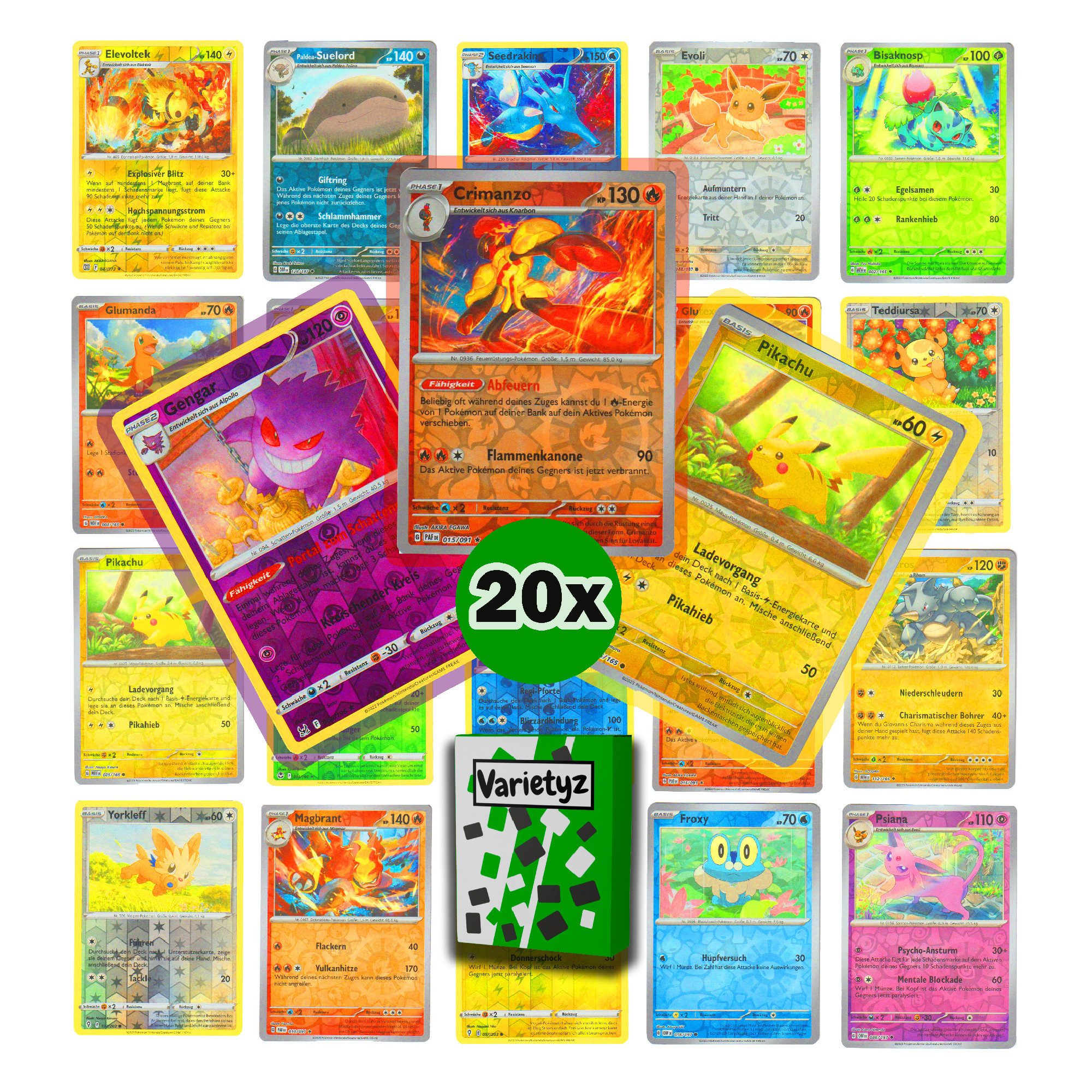 Varietyz Sammelkarte 20 Reverse Holos Glitzer Selten - 20 Pokemon Karten Deutsch Original
