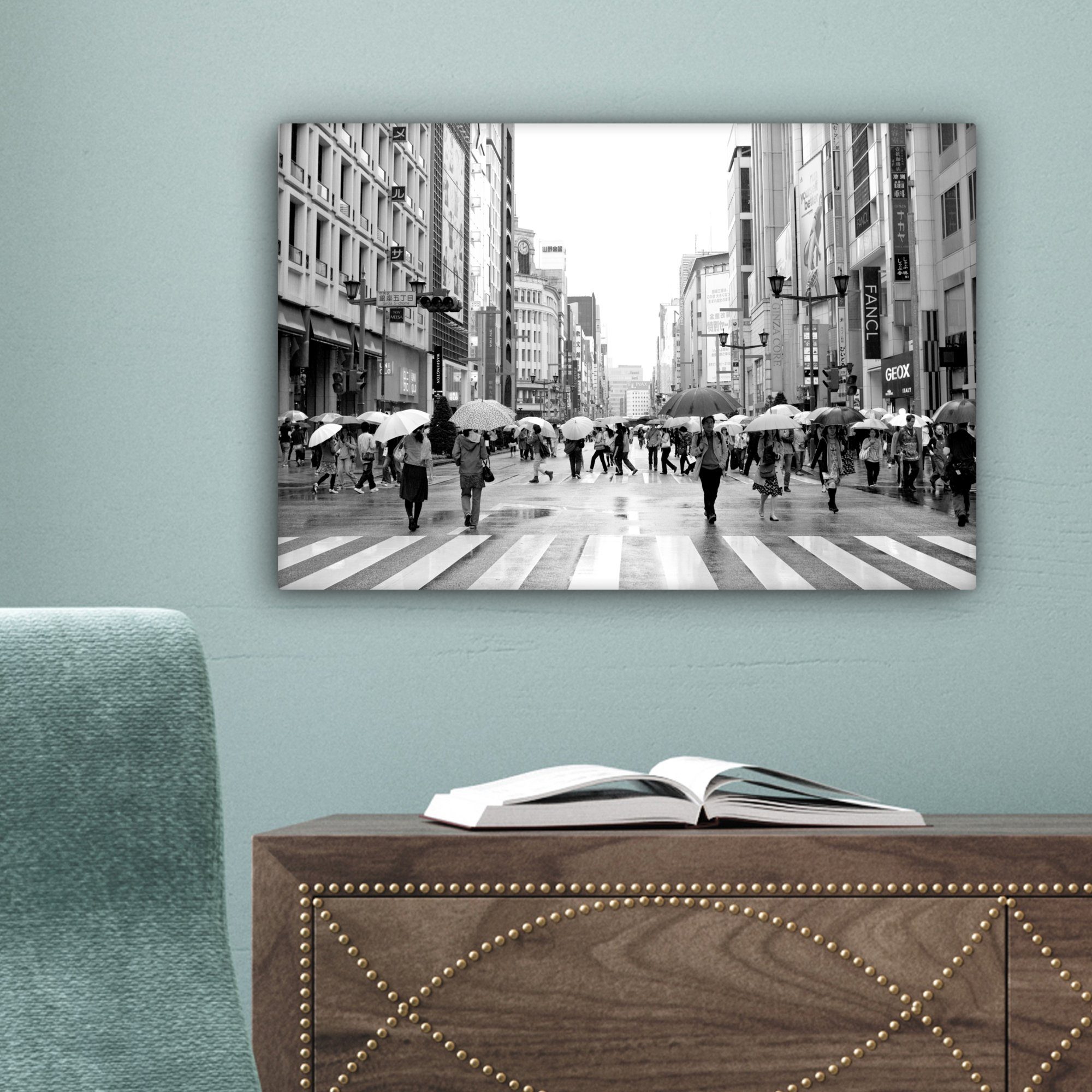 Wandbild 30x20 St), Ginza Foto, Leinwandbild Leinwandbilder, (1 cm Wanddeko, im Regen Aufhängefertig, OneMillionCanvasses® bunt schwarz-weiß