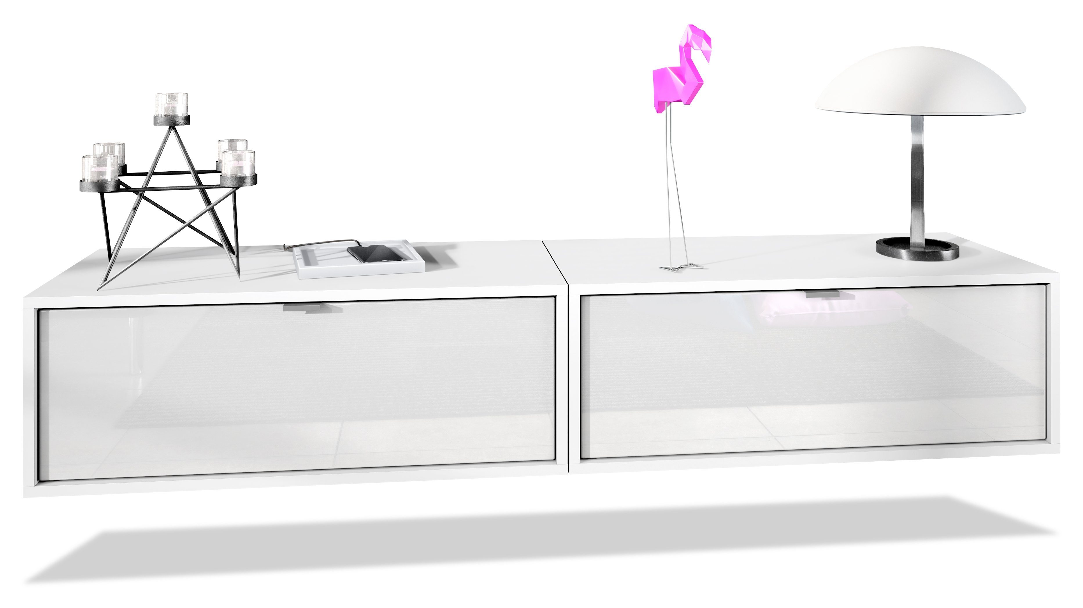Vladon Lowboard Lana 800 (2er-Set Tv-Kommode, mit Klappe), Weiß matt/Weiß Hochglanz (80 x 29 x 37 cm)