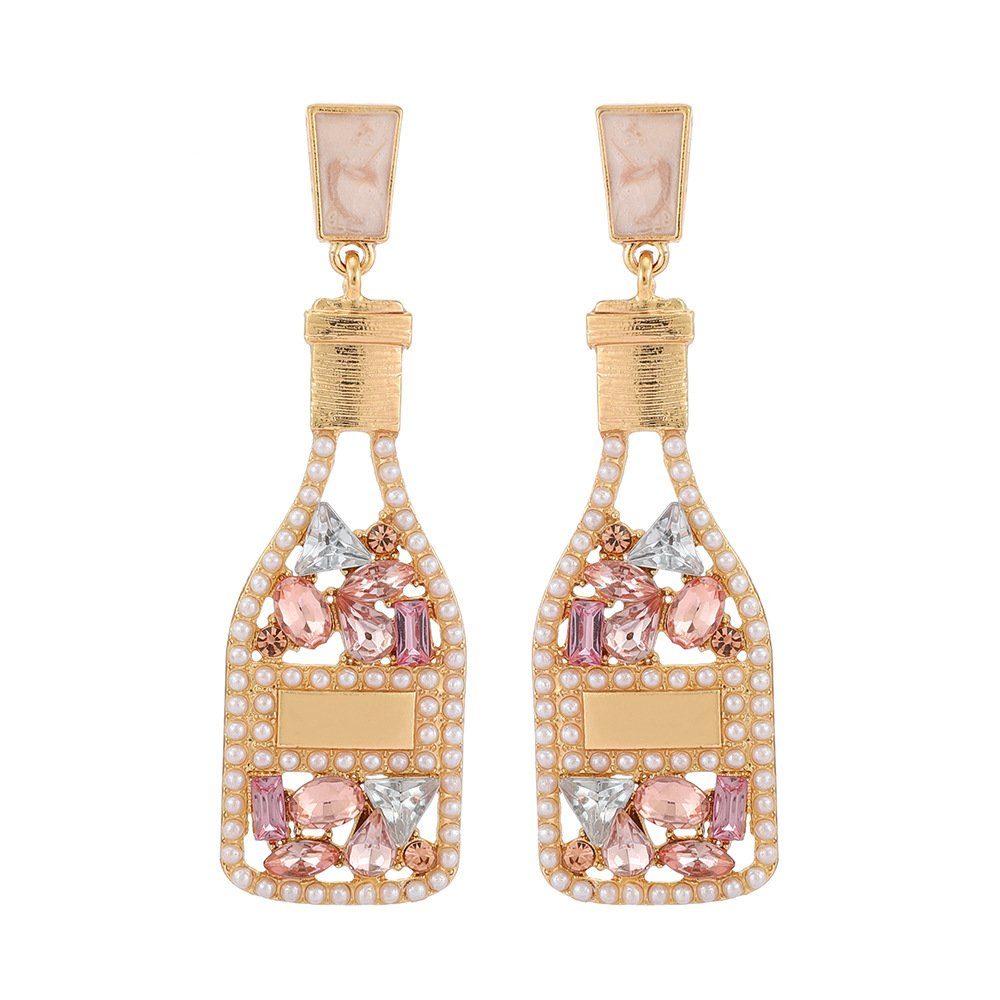 Invanter Paar Ohrstecker Legierungs-Weinflaschen-Ohrringe, hohle Strassperlen für Frauen Rosa