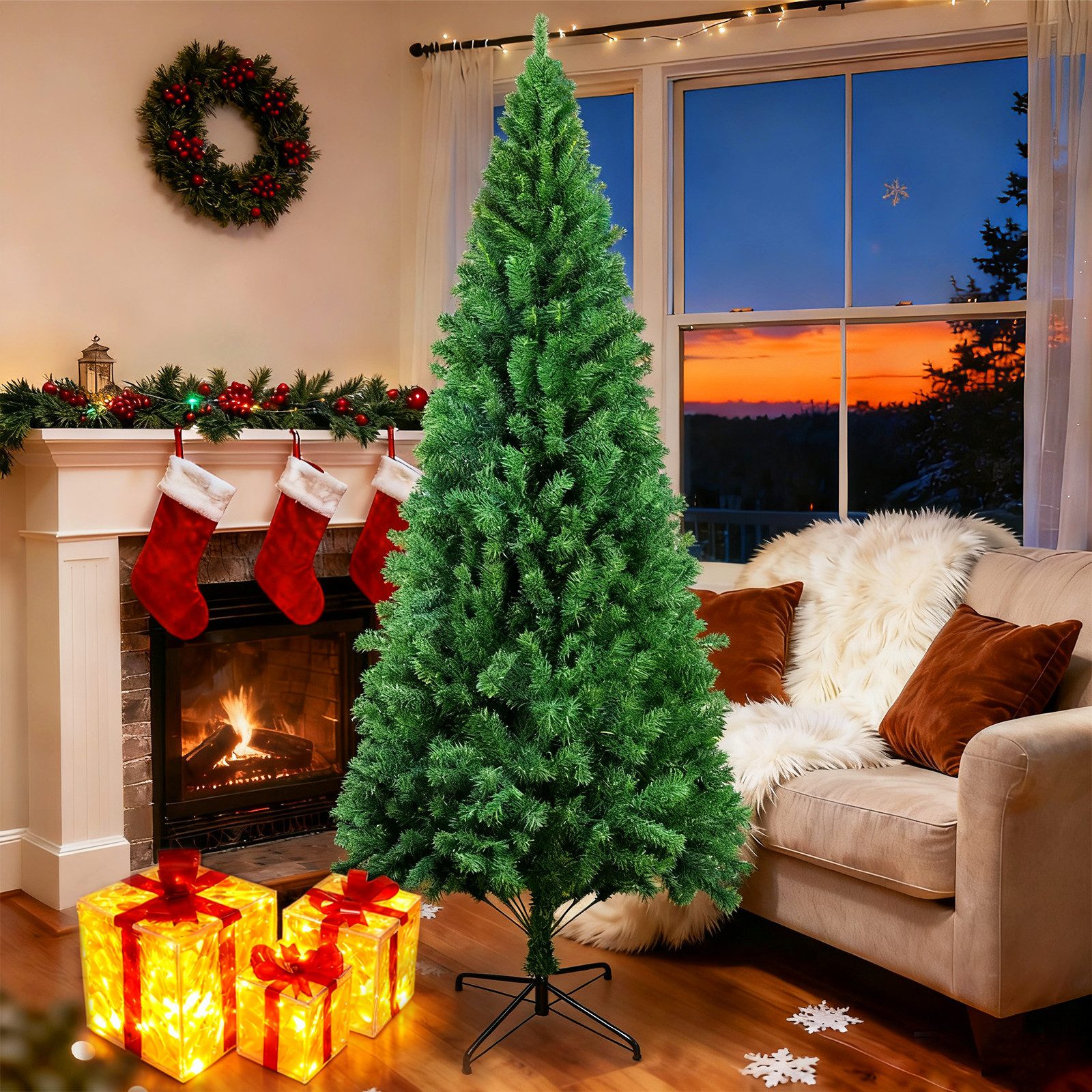 Nettlife Künstlicher Weihnachtsbaum 210 cm Inkl. LED-Lichterkette Geschenkbox & stabilem Metallständer, für eine festliche Raumwirkung, Christbaum Künstlich