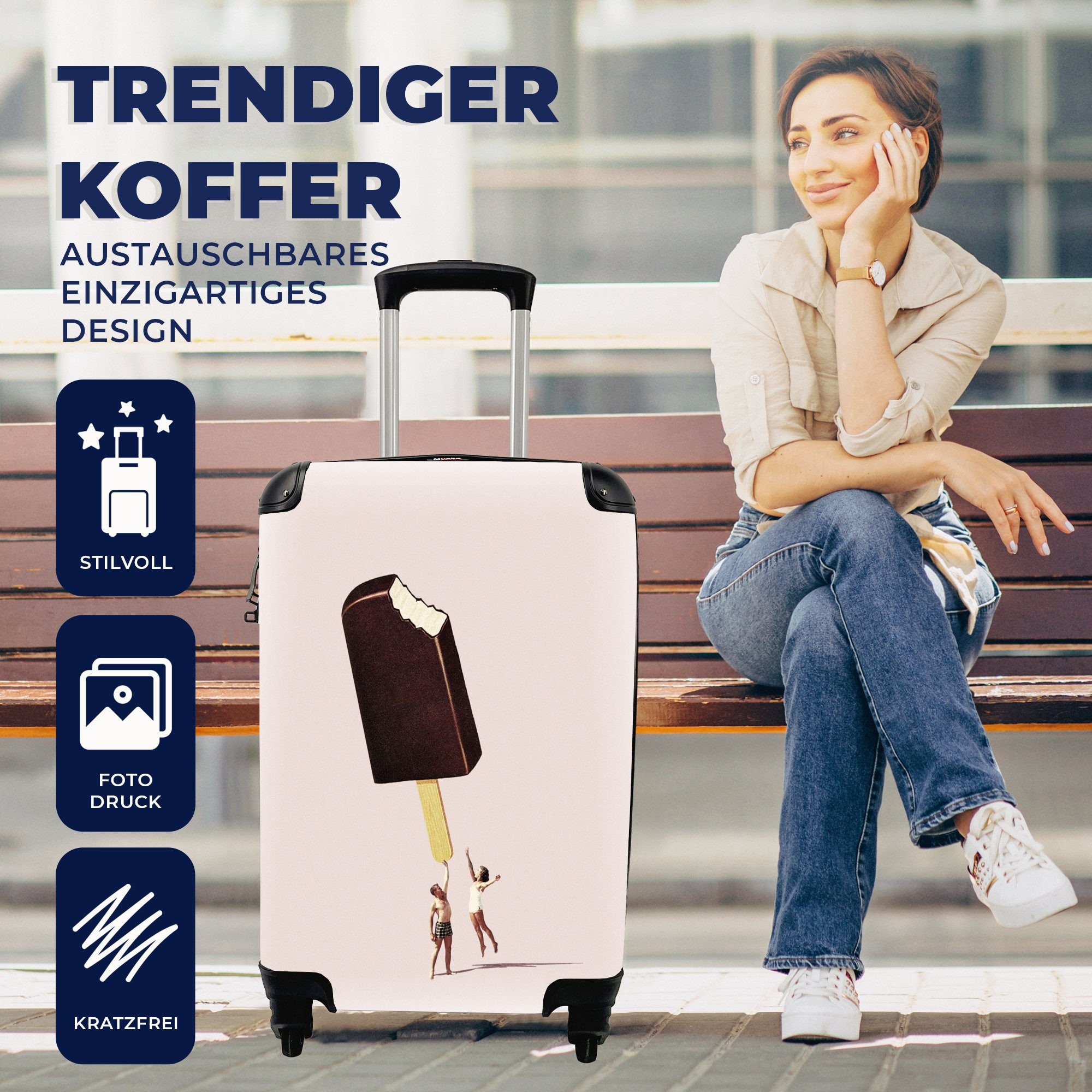 mit 4 Trolley, Reisekoffer für Handgepäck rollen, Reisetasche - Ferien, Eiscreme - Schokolade Handgepäckkoffer Pastell Rollen, Vintage, MuchoWow -