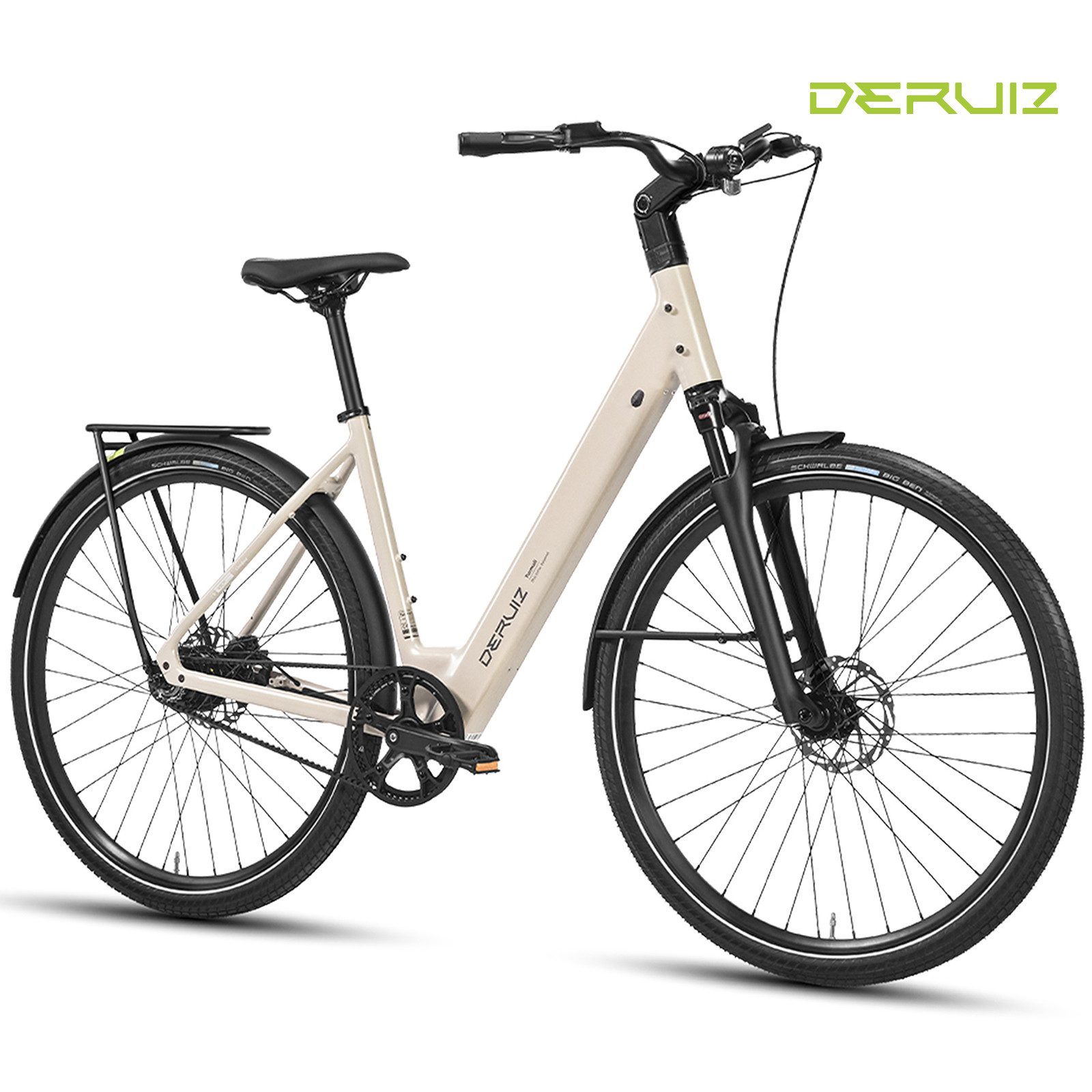 DERUIZ E-Bike Cityrad Turmali Comfort 28 Zoll, 48,5 cm Rahmen, Gates Riemenantrieb, Heckmotor, 360 Wh, (Traglast ca. 140kg, RH: 48,5cm, nur ca. 20kg, für Damen und Herren), Hydraulikbremsen, Big Apple Reifen, Bluetooth-App, 5 Stufen