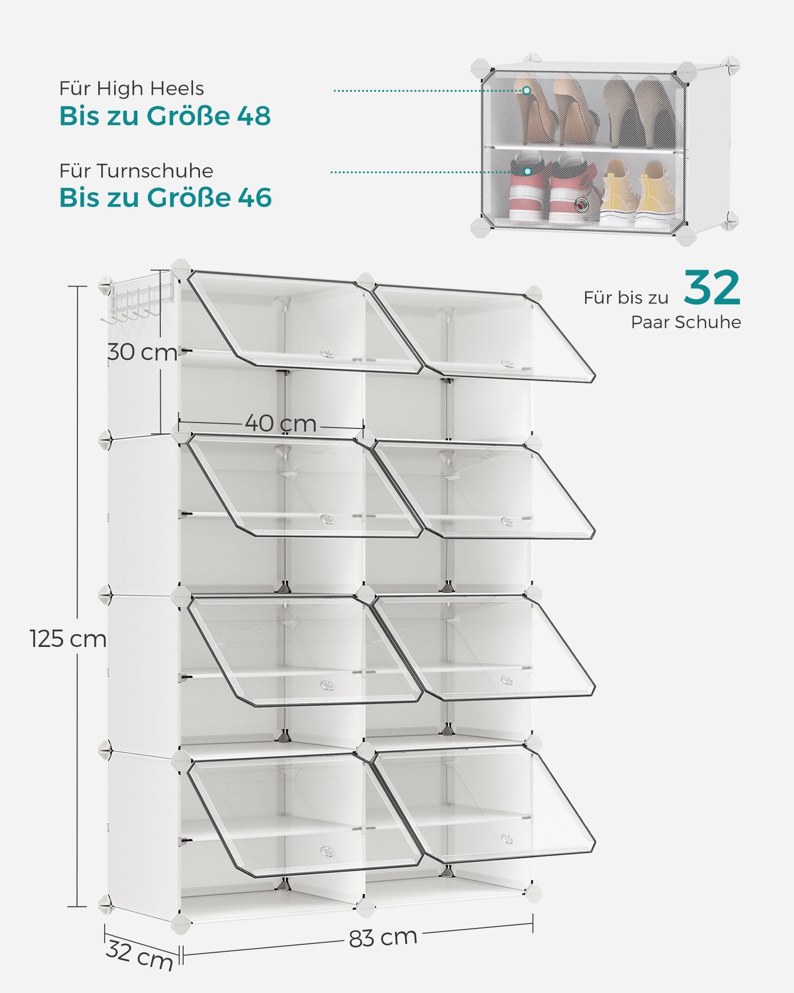 SONGMICS Schuhregal Schuhschrank, 30 x 40 x 30 cm pro Fach, für Flur, Eingangsbereich, mit 8 Fächern, mit Türen, für bis zu 32 Paar Schuhe, anpassbar