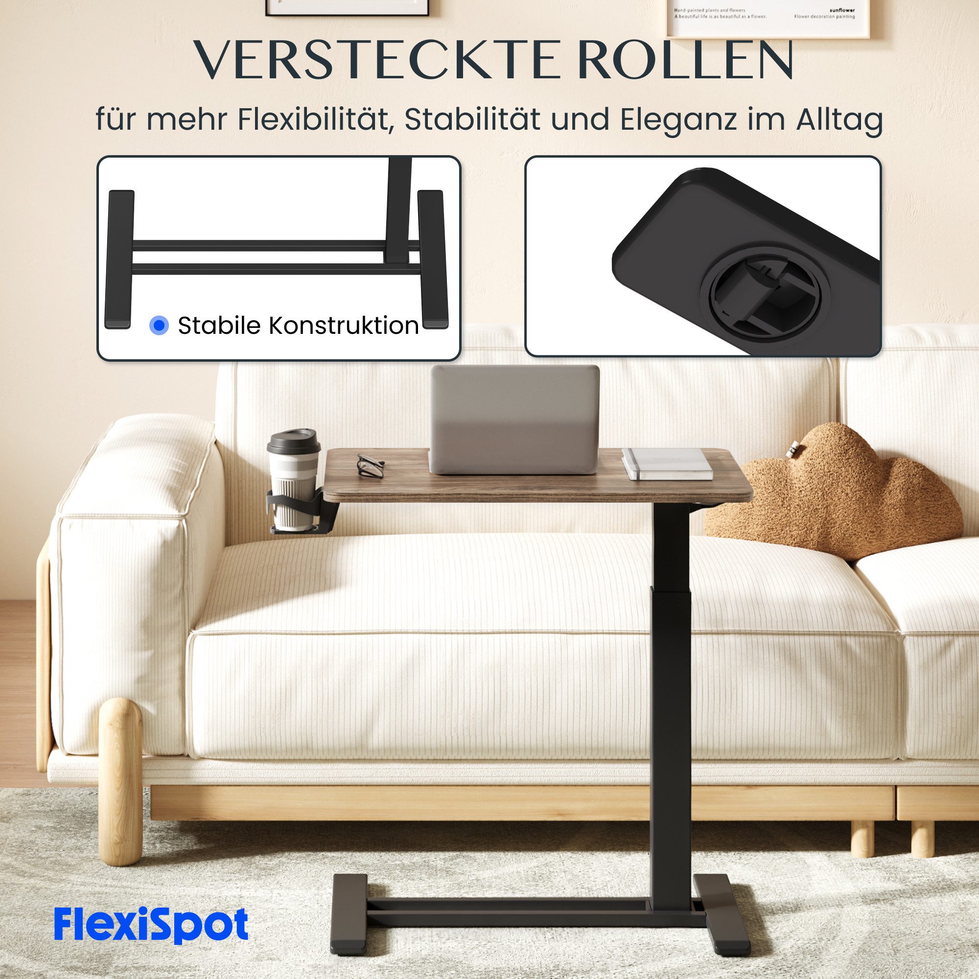 FLEXISPOT Beistelltisch Höhenverstellbar Betttisch, Laptoptisch (C-Form, ideal für Sofa, Bett & Lesestunden), mit stufenloser Höhenverstellung, 360° Rollen & ei – Bild 4 von 5