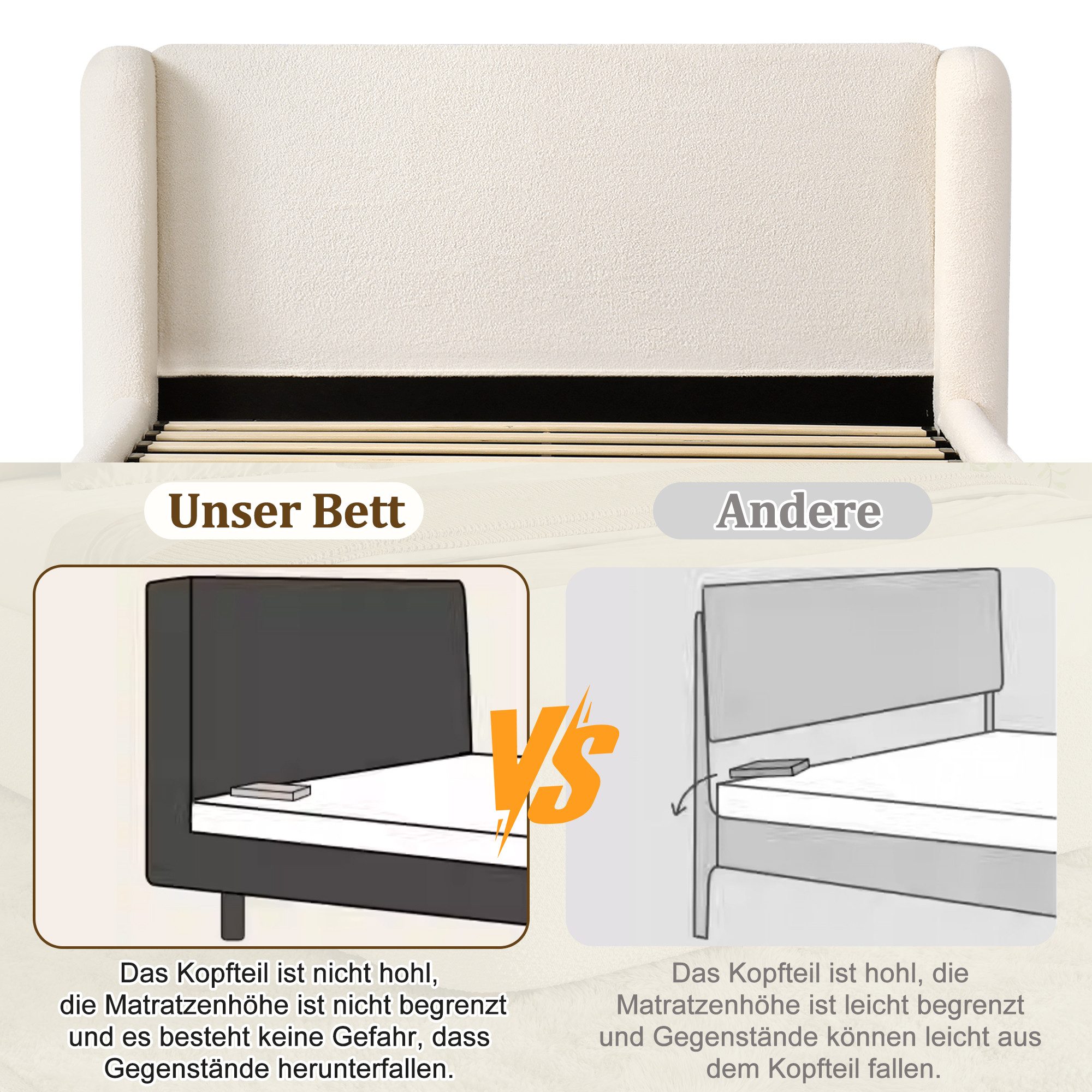 i@home Polsterbett Doppelbett 160 x 200 cm (Doppelbett mit gepolstertem Kopfteil), hydraulischem Stauraum & Lattenrost, Beige – Bild 4 von 5