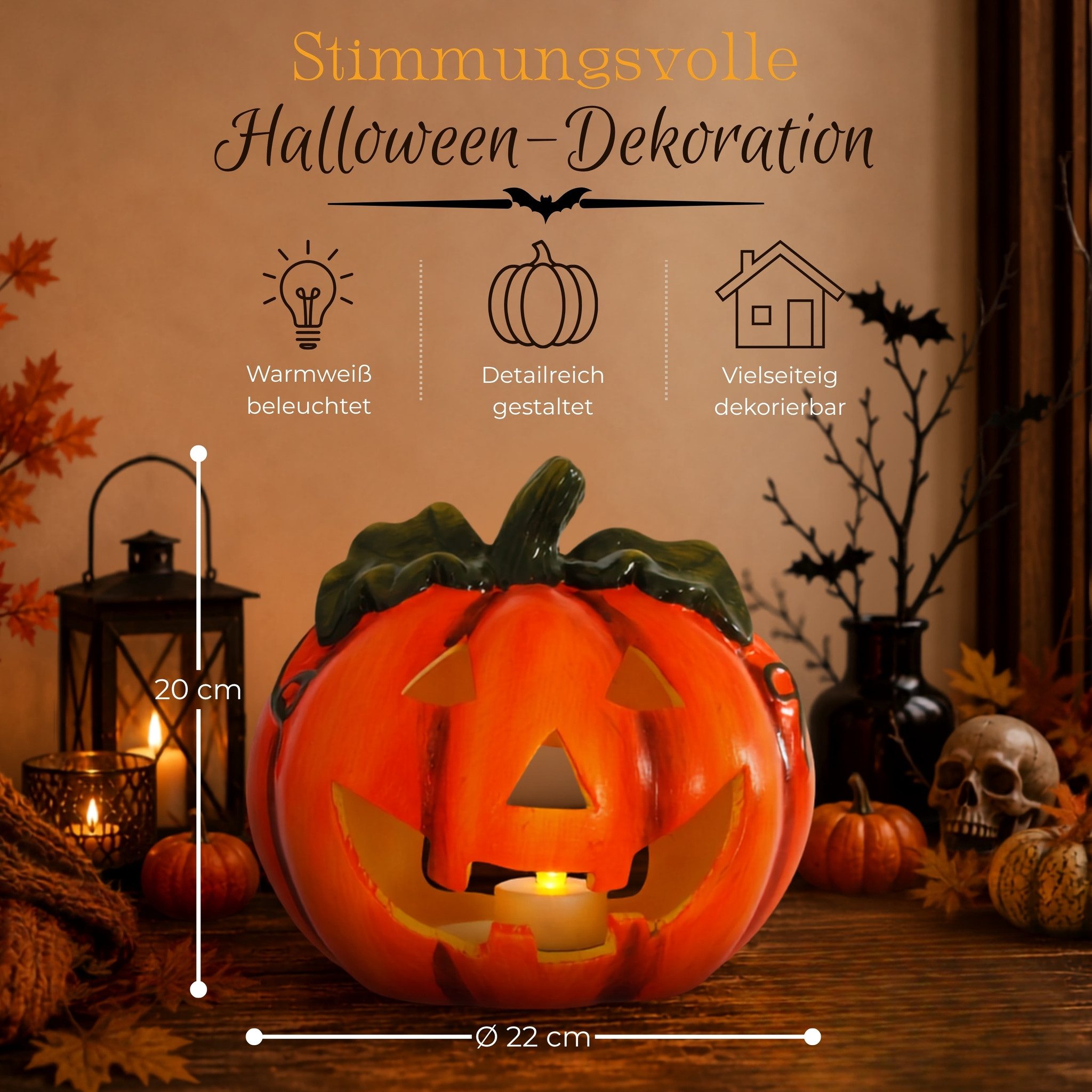 matches21 HOME & HOBBY Dekofigur Kürbis-Laterne als LED Halloween-Deko Windlicht in 17x18 cm, Gruseliger Jack-O-Lantern Deko-Kürbis als innen außen Herbst-Deko – Bild 2 von 5
