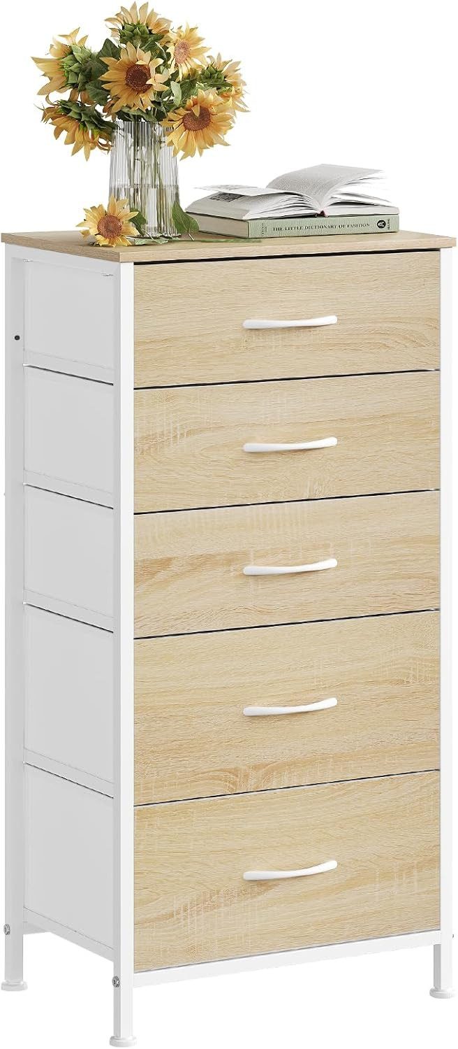 Woltu Hochkommode, aus Metallrahmen Holzwerkstoff, mit 5 Schubladen aus Stoff