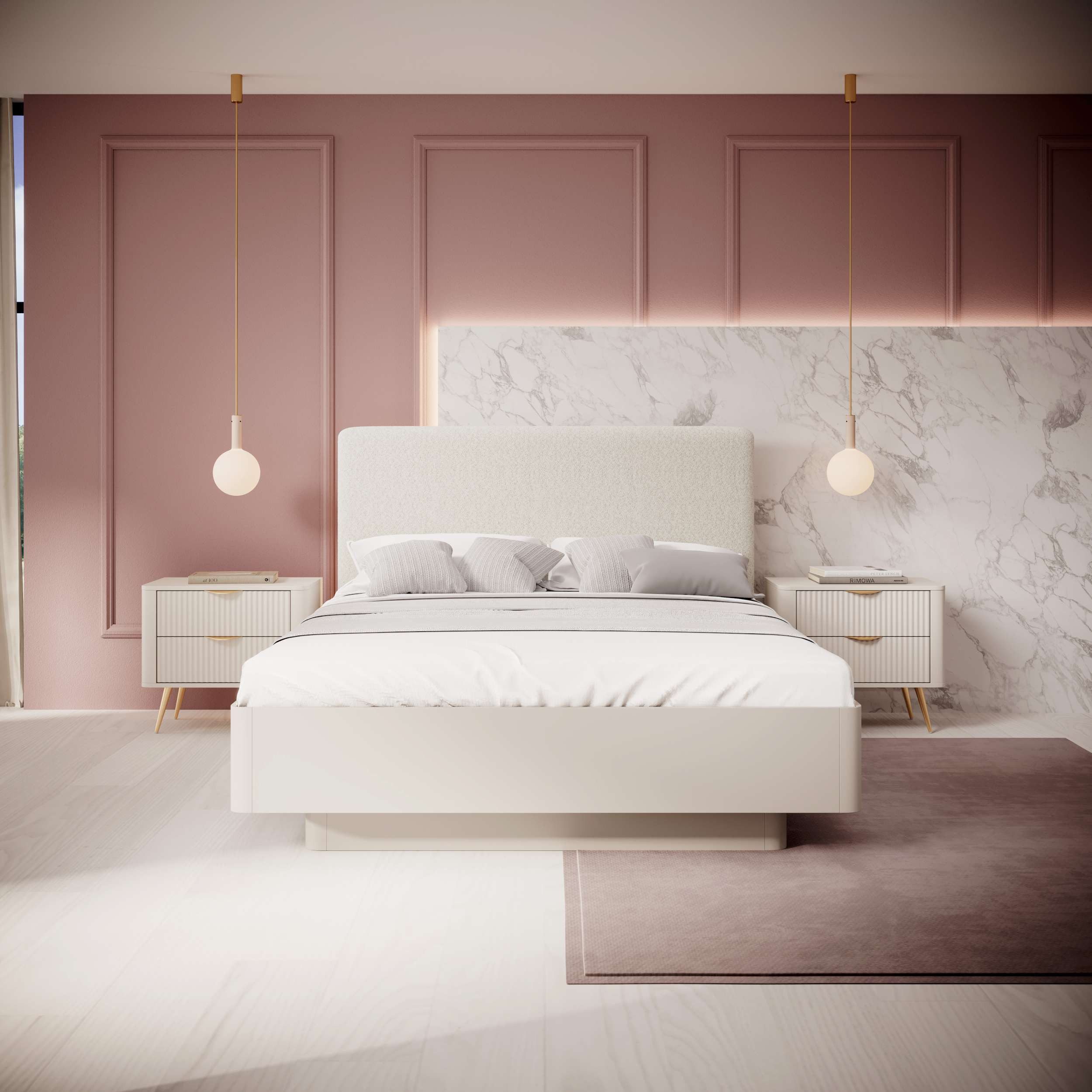 99rooms Schlafzimmer-Set Talan, (Set (3-St), Komplett Schlafzimmer), Modern Design, mit viel Stauraum, goldene Metallgriffe und Metallfüße