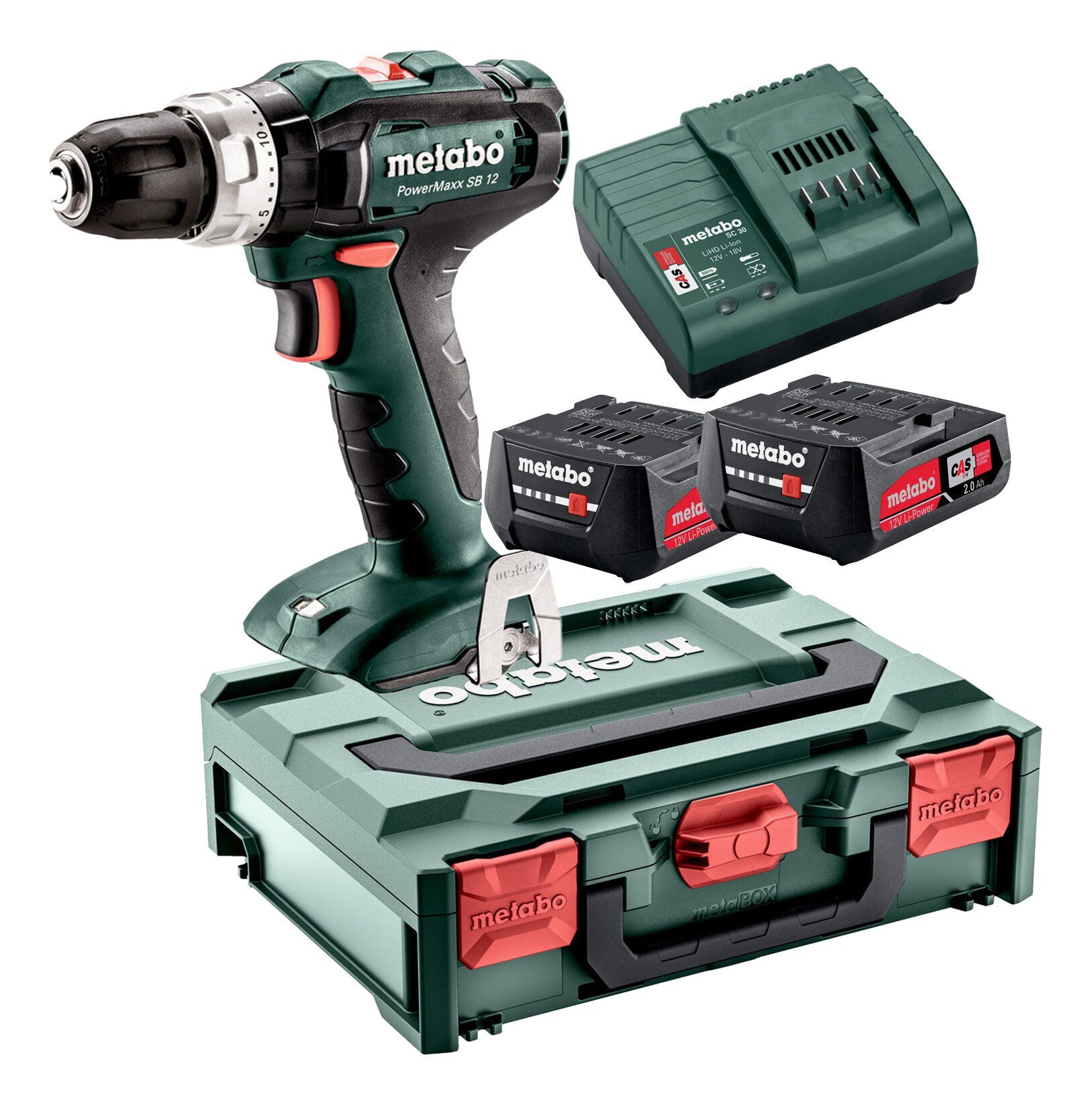 metabo Akku-Schlagbohrschrauber PowerMaxx SB 12, 12 V, Schlagbohrmaschine 2 x 2 Ah Li-Ion in Metabox