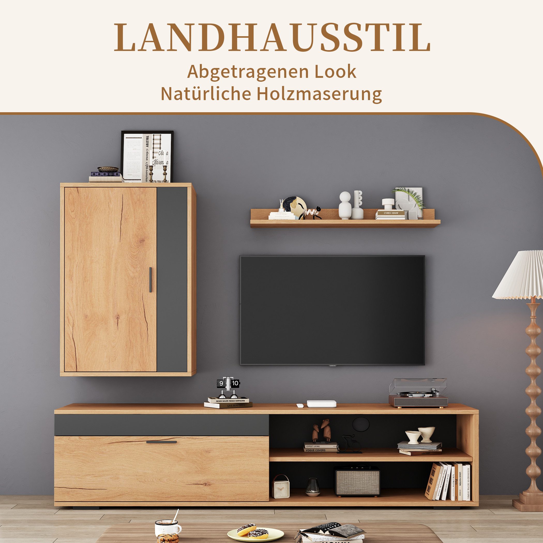 SeedWave Lowboard Combo-Set, 1 TV-Schrank, Hängeschrank und Wandregal, Kabeldurchführung, Der Fernsehschrank-Set mit 2 Schranktüren, 2 halboffene Fächer