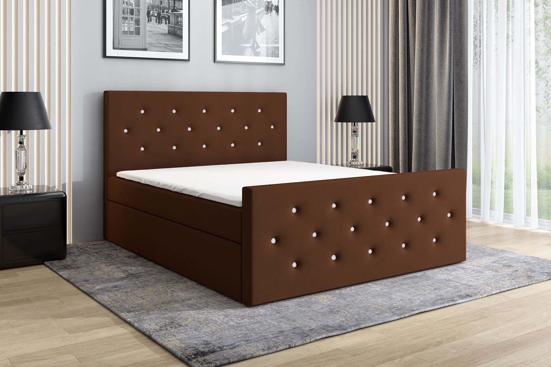 A&J MöbelLand GmbH Boxspringbett REINN mit Kristallknöpfen verziert. (Boxspringbett mit Bettkasten und gepolstertem Kopfteil.Inclusive Topper !, TOP ANGEBOT), Länge 216 cm Höhe 106 cm