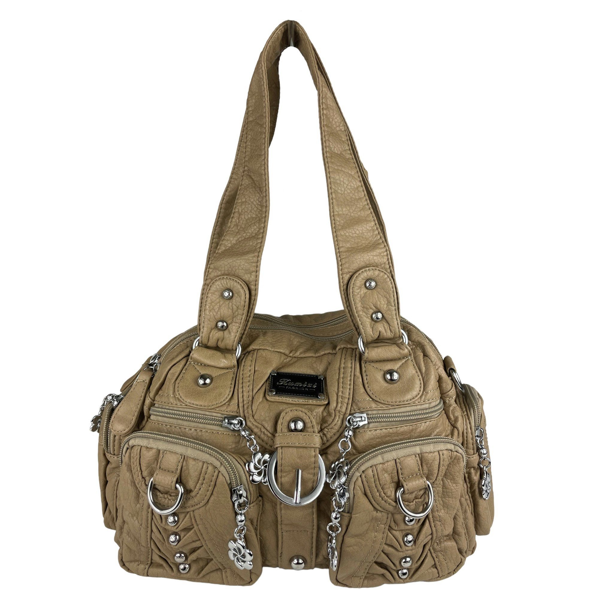 Taschen4life Schultertasche klassische Damen Handtasche (Schultertasche) mit Nieten AKW22032, viele Fächer, verstellbarer abnehmbarer Schulterriemen taupe