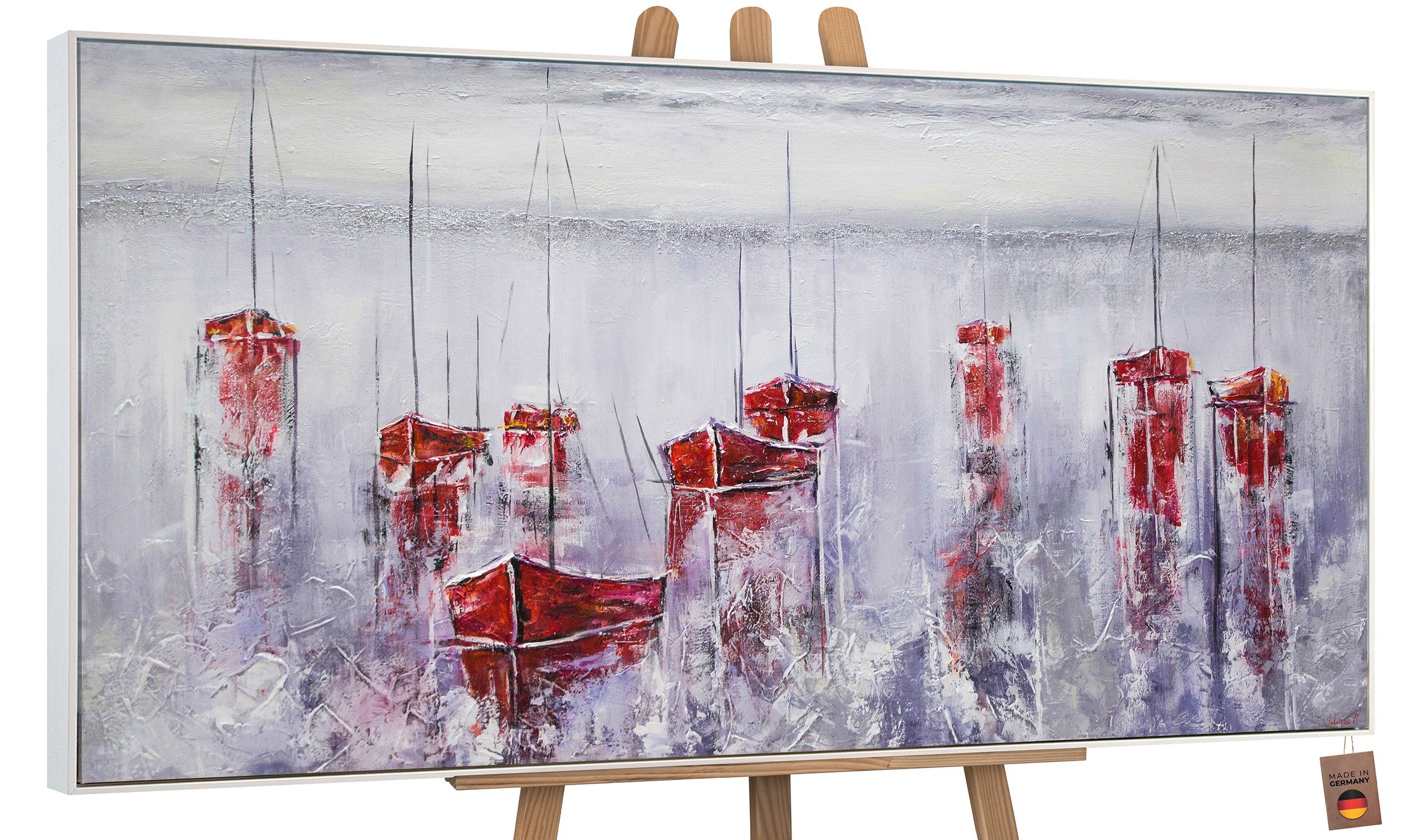 YS-Art Gemälde Stiller Hafen, Landschaft, Leinwand Bild Handgemalt Segelboote Meer Rot Blau Hafen Mit Rahmen in Weiß
