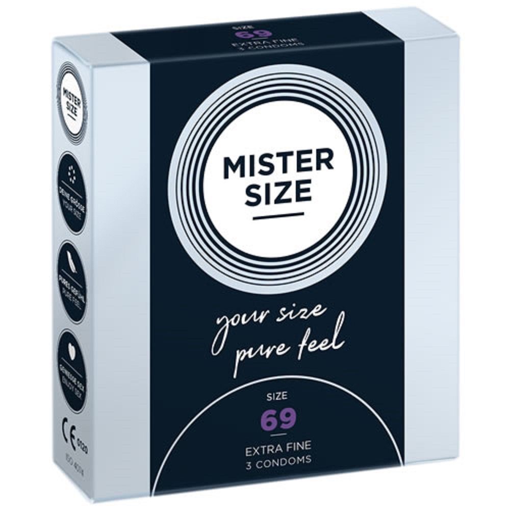 MISTER SIZE XXL-Kondome Mister Size «69» Maßkondome - bedächtig & sicher Packung mit, 3 St., Kondome in Größe XXXL, vegan, extra dünn & extra fein, das passende Kondom in Ihrer Größe