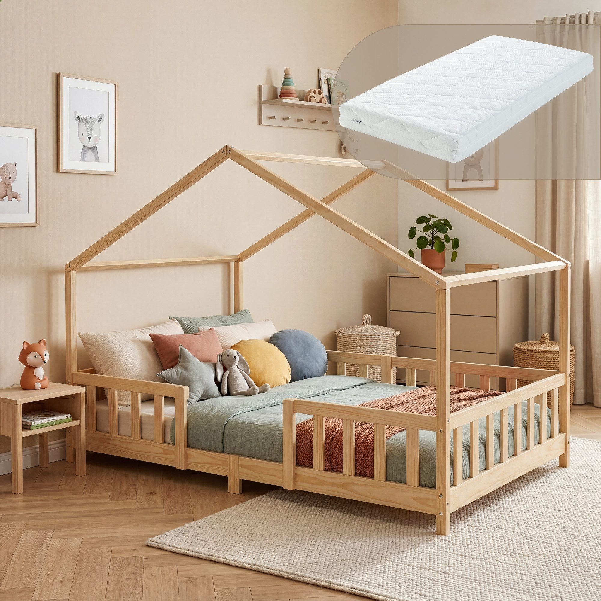 en.casa Kinderbett (Bett und Matratze), »Treviolo« mit Matratze Montessori Natur 120x200 cm