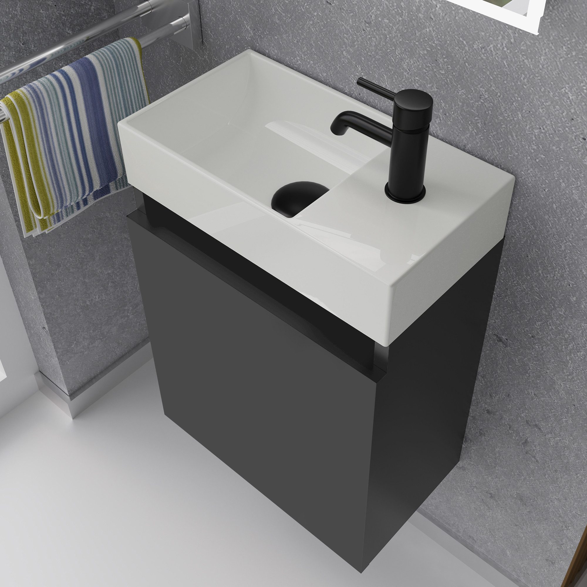 Alpenberger Badmöbel-Set Gäste WC Waschbecken mit Unterschrank - Badschrank Hängend, (2-tlg. Waschtisch Set Schwarz Matt, Waschbeckenunterschrank mit Softclose) – Bild 3 von 5