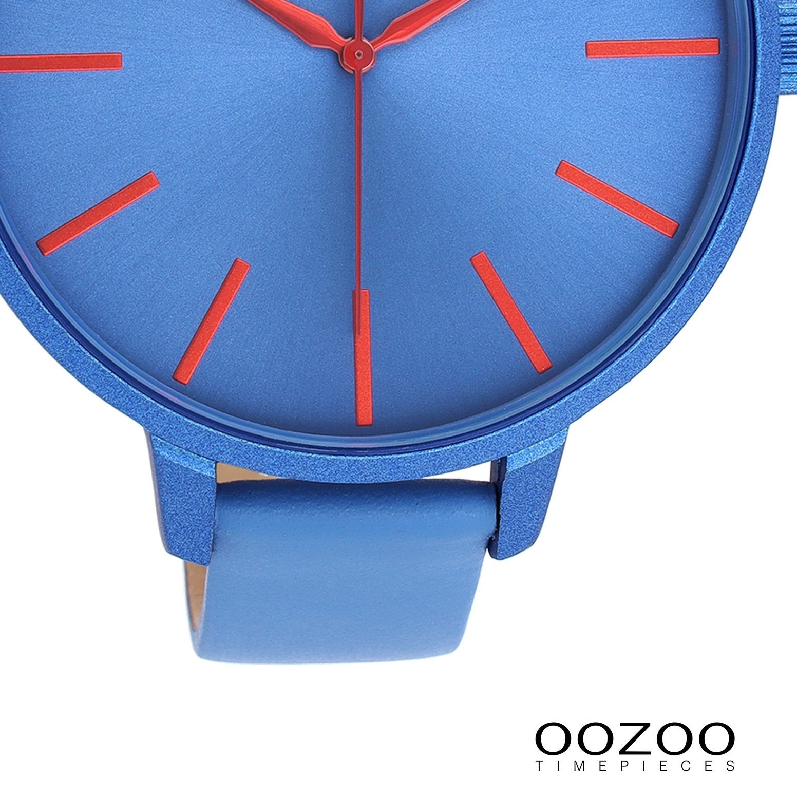 Quarzuhr Damenuhr Armbanduhr rund, 48mm), Lederarmband extra OOZOO Timepieces blau, Fashion Analog, groß (ca. Oozoo Damen