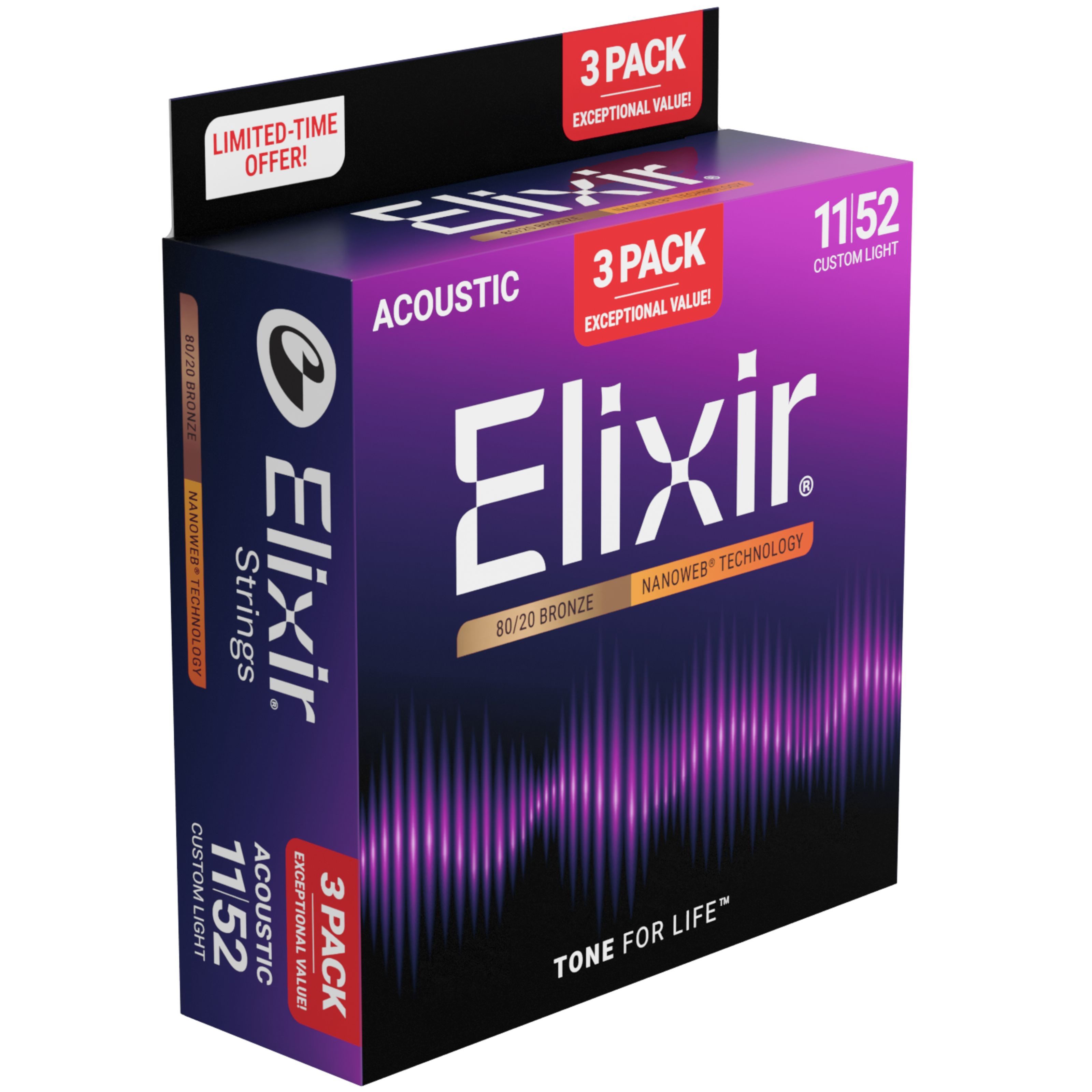 Elixir Saiten, 16564 Nanoweb Acoustic Bronze 11-52 - 3 Pack - Westerngitarrensaiten