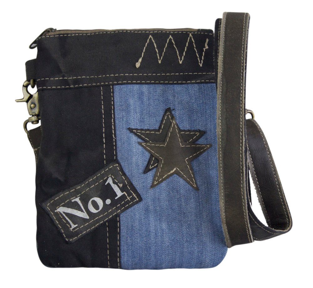 Upcycling Blau/ beidseitig aus verstell- Canvas und schwarz Umhängetasche. Umhängetasche Crossbody abnehmbarer Schultergurt, tragbar Material, Sie/ Bag recyceltes . Jeans recycelte echtes Sunsa ür Leder, Upcycling mini Ihn, Tasche, & Tasche