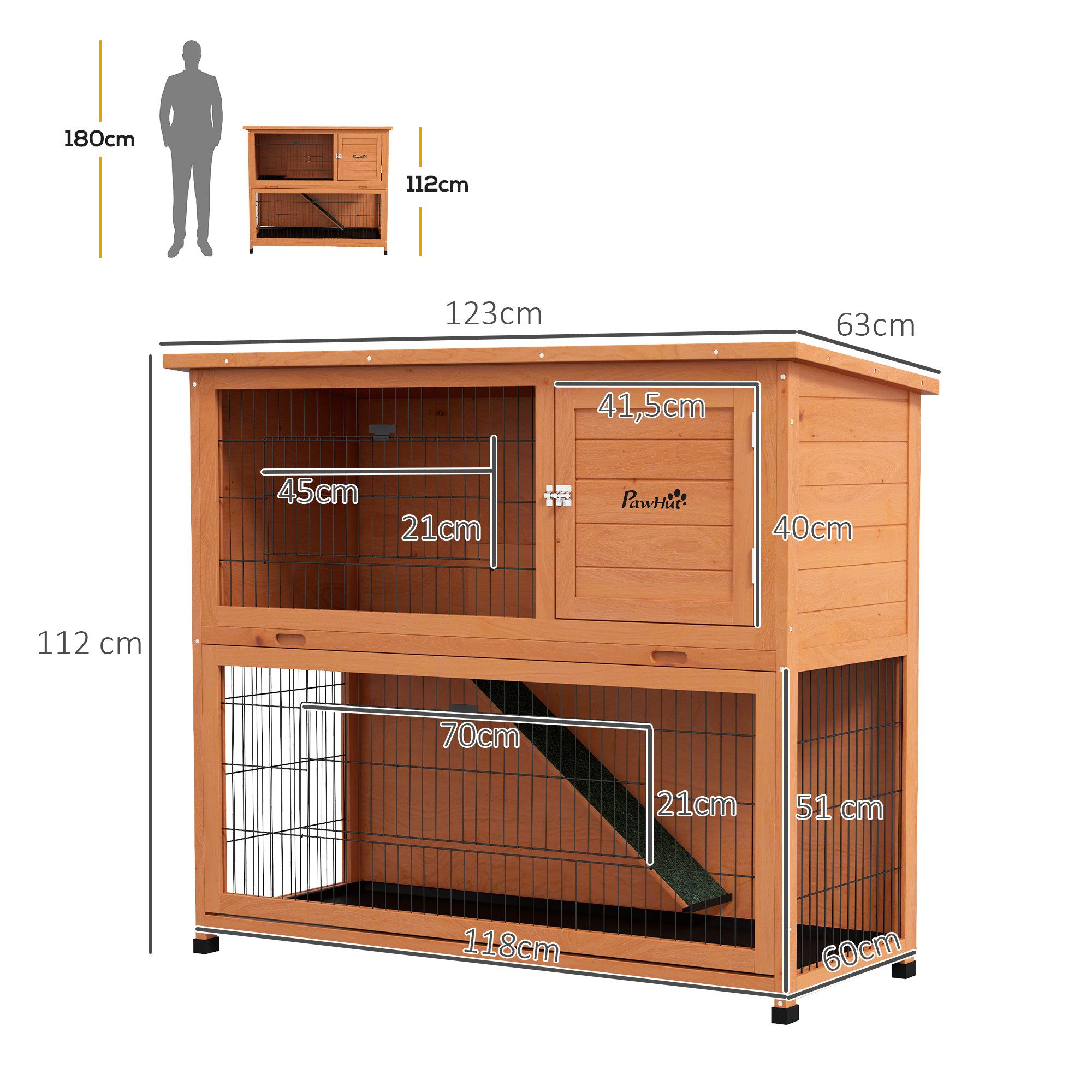 PawHut Kleintierstall Kaninchenstall aus Holz 2-stöckiges Kleintierhaus mit Paletten, Rampe, für 2 Kaninchen Orange 123 x 63 x 112 cm