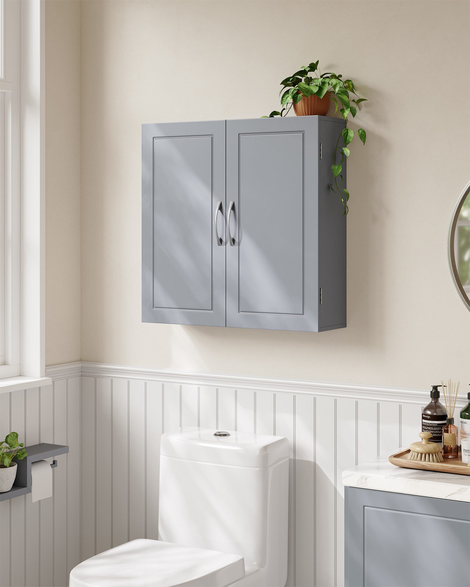 VASAGLE Hängeschrank Wandschrank mit Verstellbaren Einlegeböden, Traditioneller Stil Badezimmerschrank mit 2 Türen, 60 x 18 x 60 cm, für Bad – Bild 4 von 5