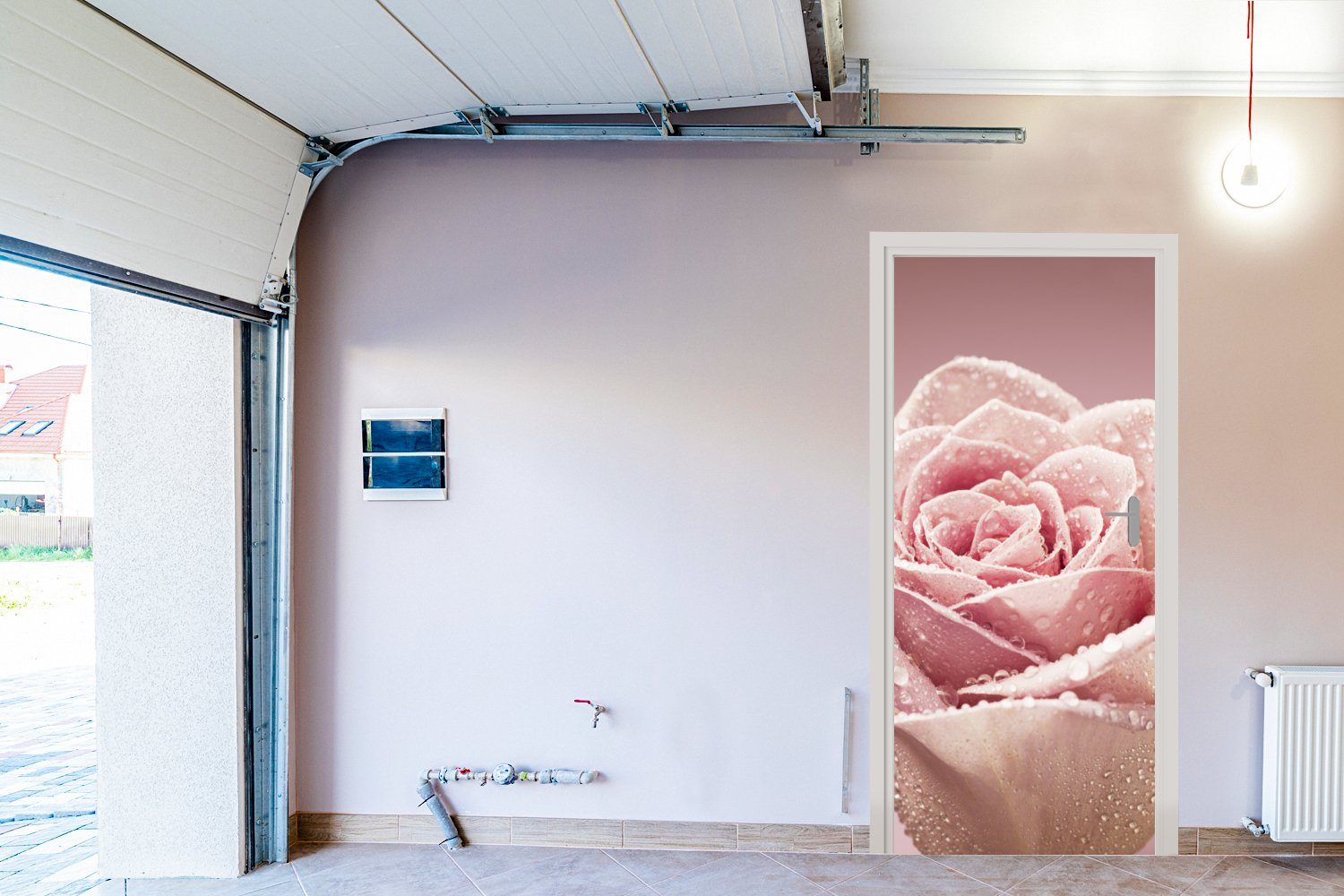 auf Türaufkleber, Türtapete Rose, (1 Matt, rosa Fototapete MuchoWow einer St), für Tür, bedruckt, einzelnen 75x205 Tautropfen cm