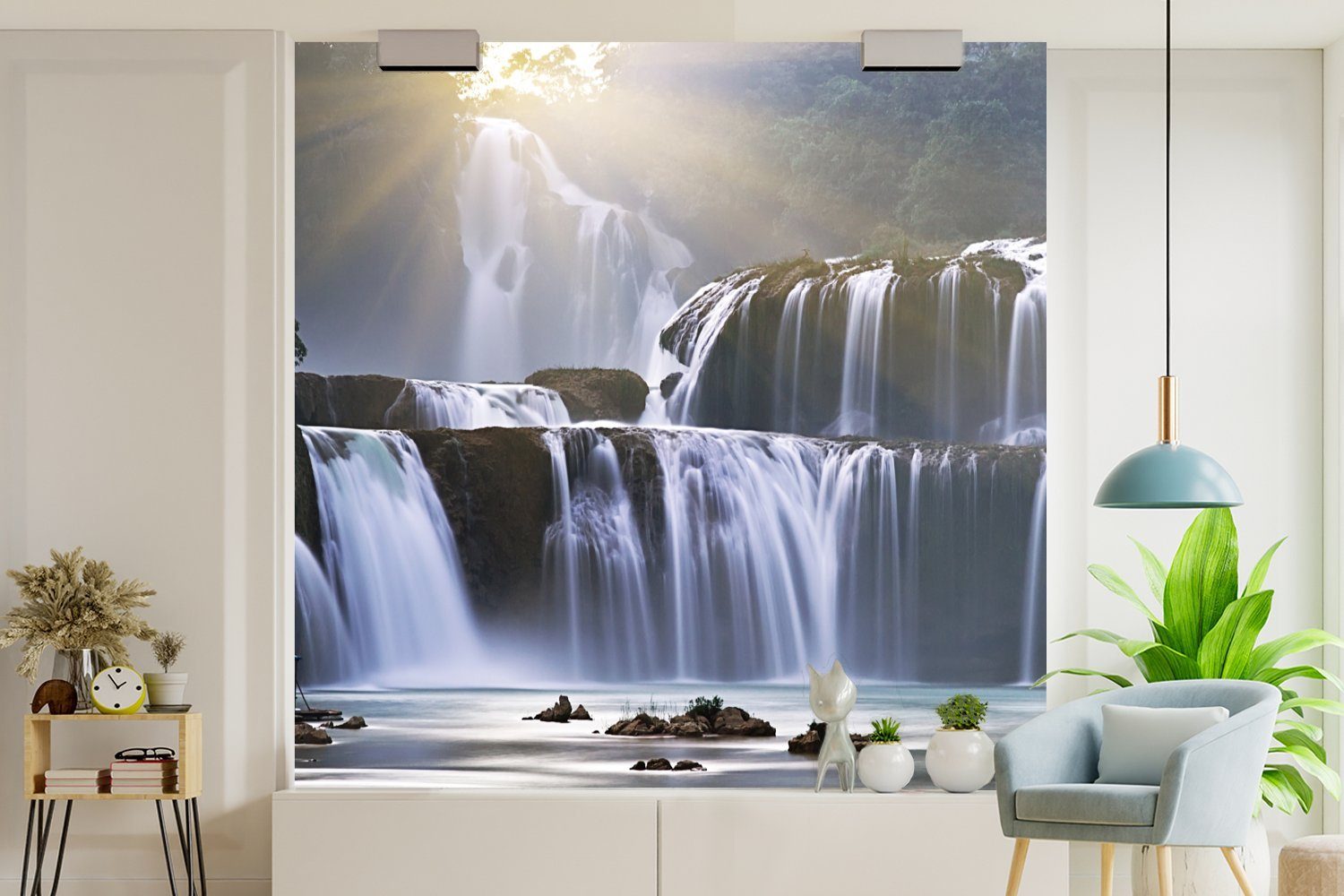 oder Fototapete Wasserfall - Schlafzimmer, Felsen bedruckt, - Matt, für Vinyl Natur, (5 Tapete MuchoWow Wandtapete St), Wohnzimmer