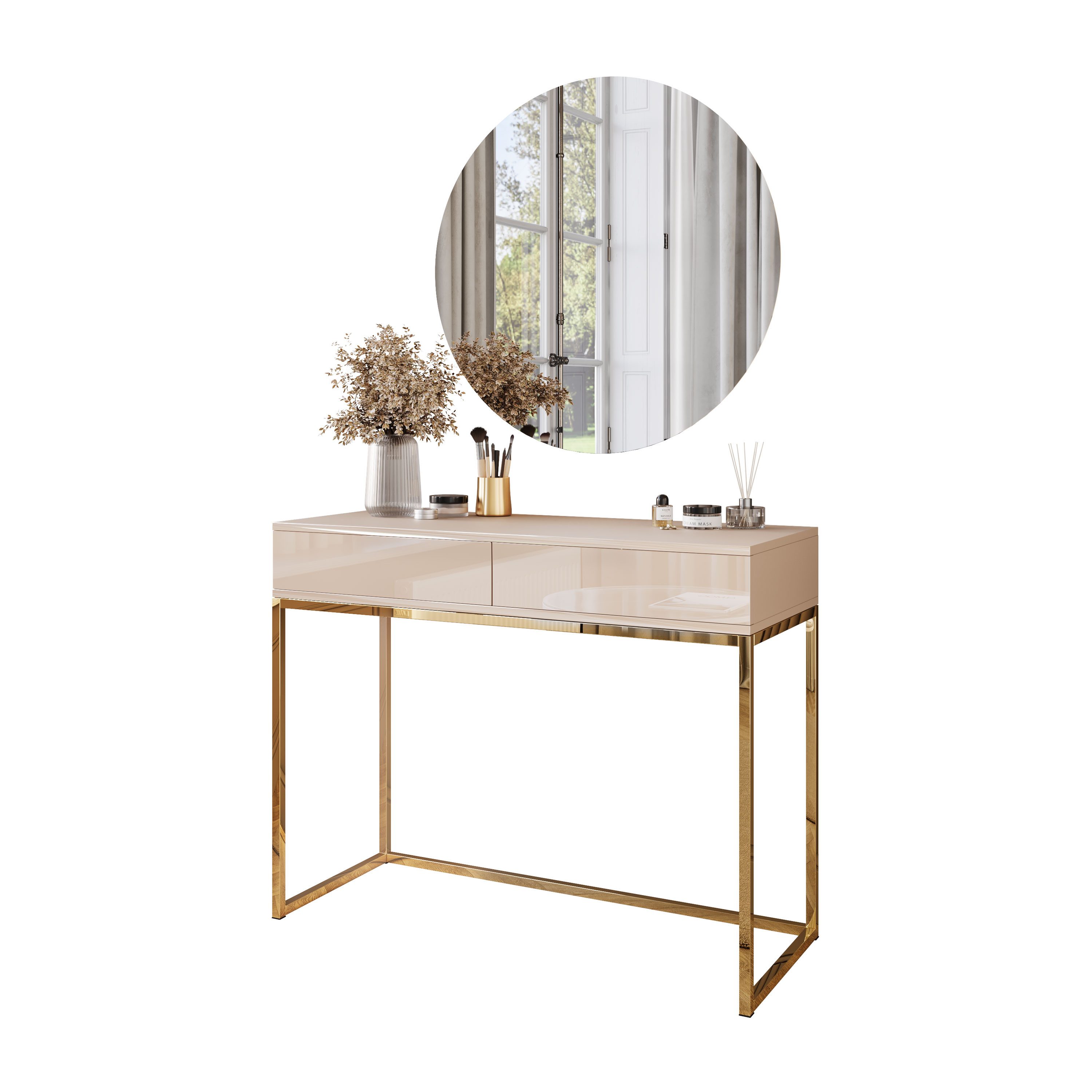 Lookway Schminktisch BLANCO GLAMOUR KASCHMIR auf goldchromenen Gestell mit LED-Spiegel (1x Konsole, 1x Spiegel mit Led Beleuchtung), Breite: 100 cm