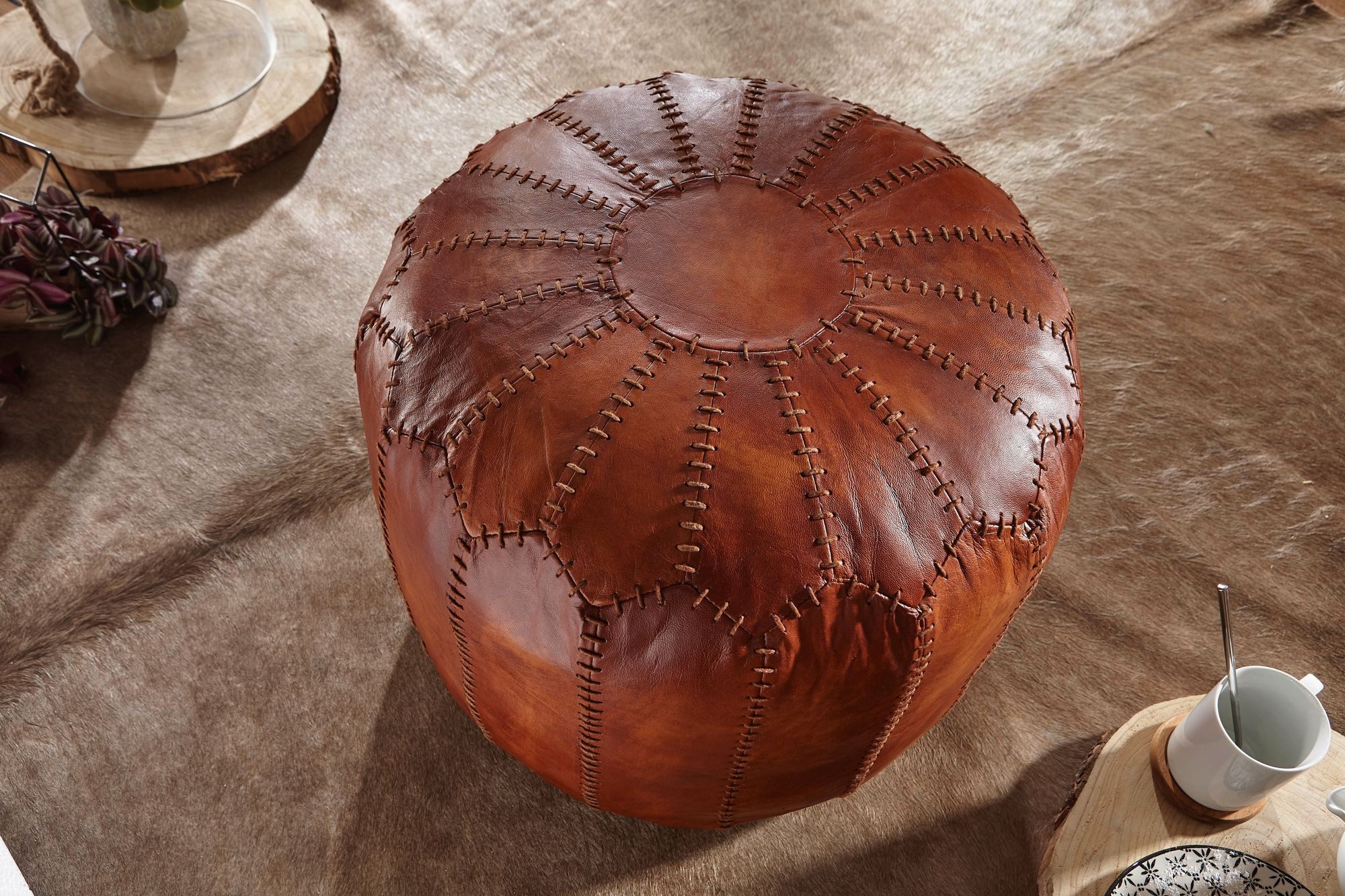 FineBuy Sitzhocker Echtleder Braun 52 x 40 x 52 cm Ottomane Wohnzimmer, Design Pouf Hocker Orientalisch, Polsterhocker Orient Beinablage Sofa – Bild 4 von 5
