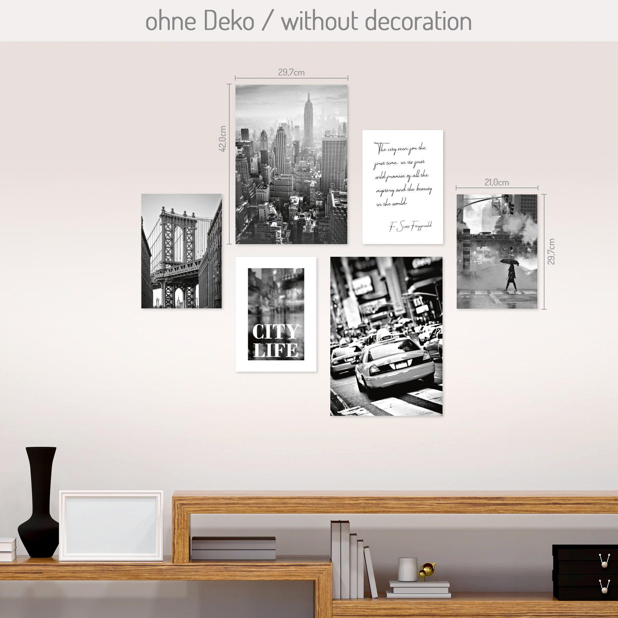 Kreative Feder Poster, City, Metropole, New York, Wolkenkratzer, Taxi, Straße (Set, 6 St), 6-teiliges Poster-Set, Wandbild, Posterwand, optional mit Rahmen