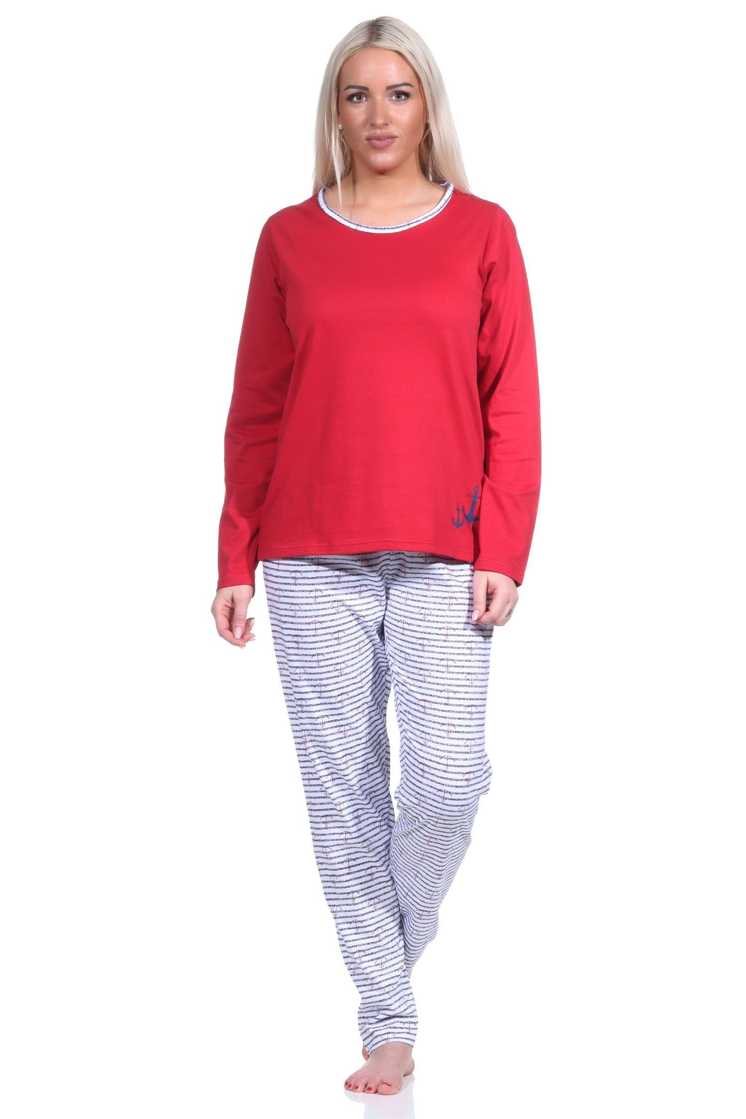Normann Pyjama Damen Pyjama, langer Schlafanzug in Streifen Optik MARITIM rot
