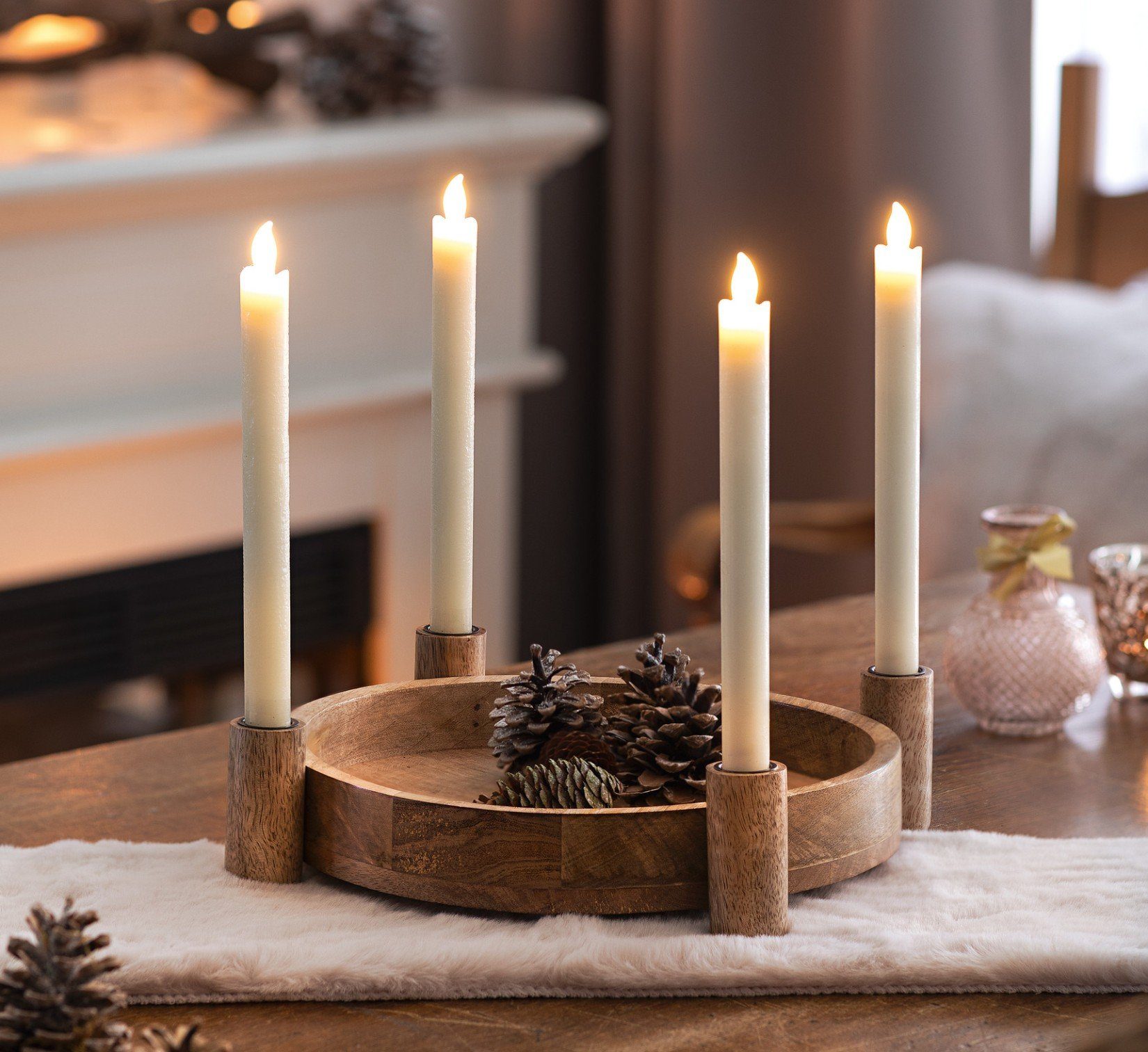 Dekoleidenschaft Kerzentablett Adventskranz Kerzenhalter, Kerzen, 4 für Mangoholz Dekotablett, aus