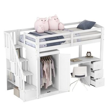 Celya Hochbett 90x200cm mit Kleiderschrank und Treppe Schreibtisch und Schubladen und Schrank in einem, Weiß
