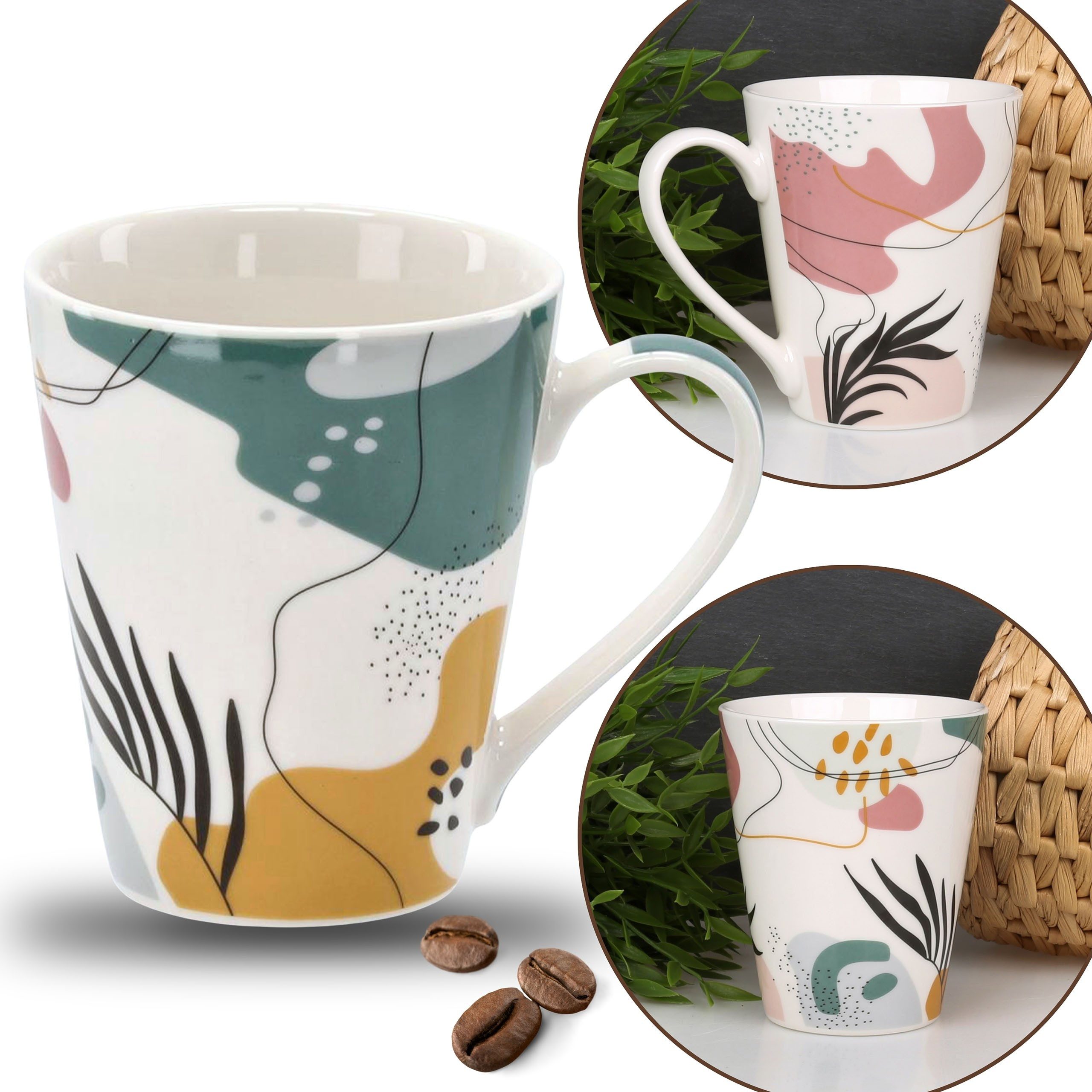Dekobecher Tasse aus weißem Porzellan mit bunten Blättern 380ml