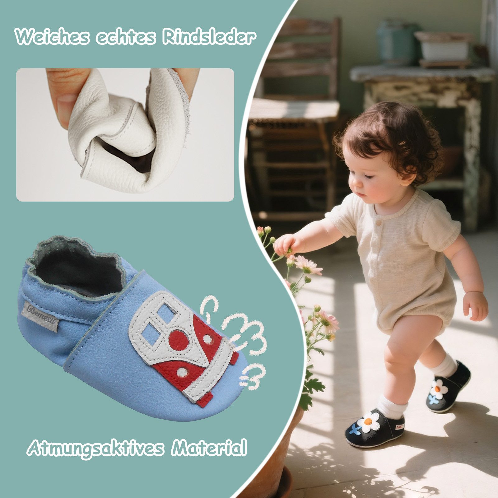 Bemesu Bemesu Baby Leder Krabbelschuhe Lauflernschuhe Rutschfest Krabbelschuh Echtes Leder
