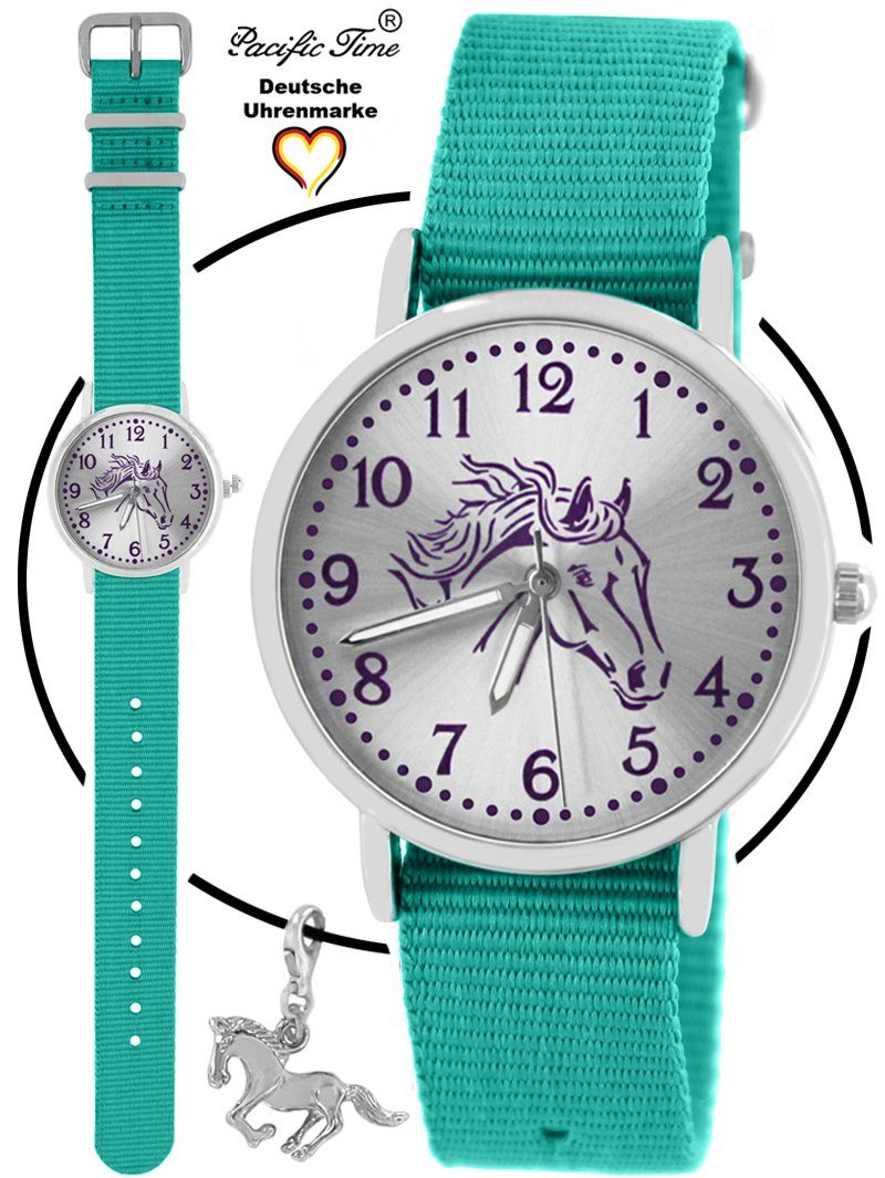 Pacific Time Quarzuhr Set Kinder Armbanduhr Pferd violett Wechselarmband und Kette, Mix und Match Design - Gratis Versand türkis