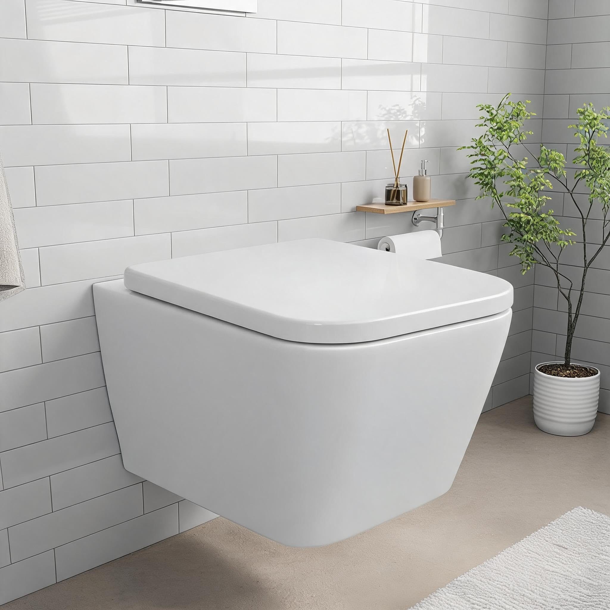 GarveeMore Tiefspül-WC mit 360° Rimless-Spülung, Soft-Close-Funktion, Schnelllösesystem, wandhängend, Abgang Gegenstromspülung, aus Keramik, UF-Sitz (Quadratisches Designn), 35×50×35 cm, Weiß