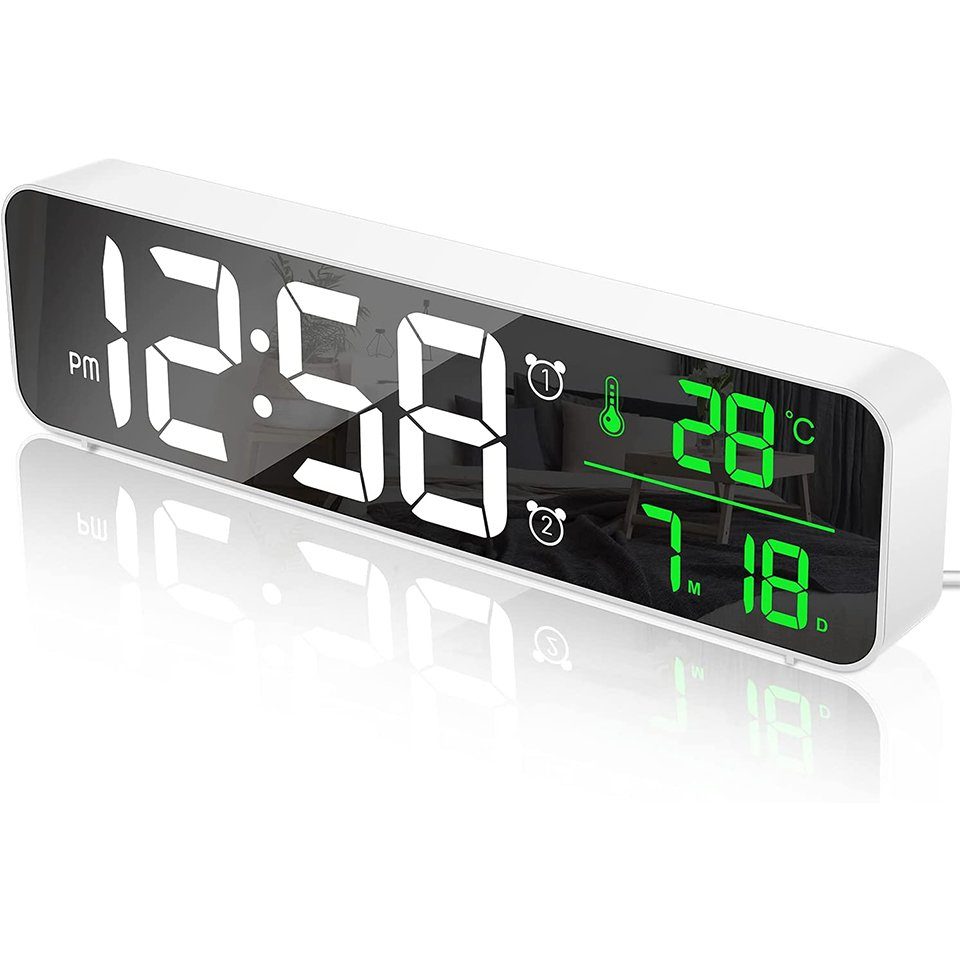 Digitaler Wecker LED Spiegel Tischuhr mit Snooze Temperatur Datum Standuhr Alarm 