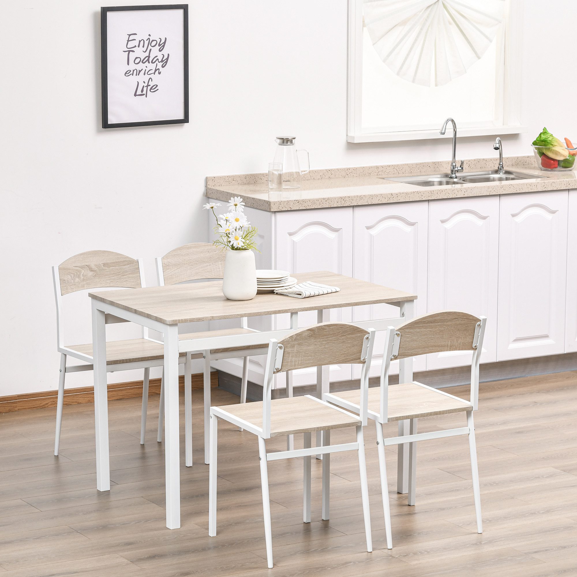 HOMCOM Essgruppe Rechteckig Esszimmergruppe Modern für kleine Raum, Eiche, (Esstisch Set, 5-tlg., Esszimmergruppe), MDF, Metall Grau+Weiß