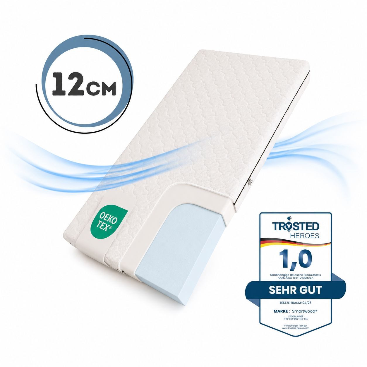 Kindermatratze 70x140 12 cm, H2 Matratze - Atmungsaktiv, Abnehmbarer Bezug, Wendbar, Smartwood