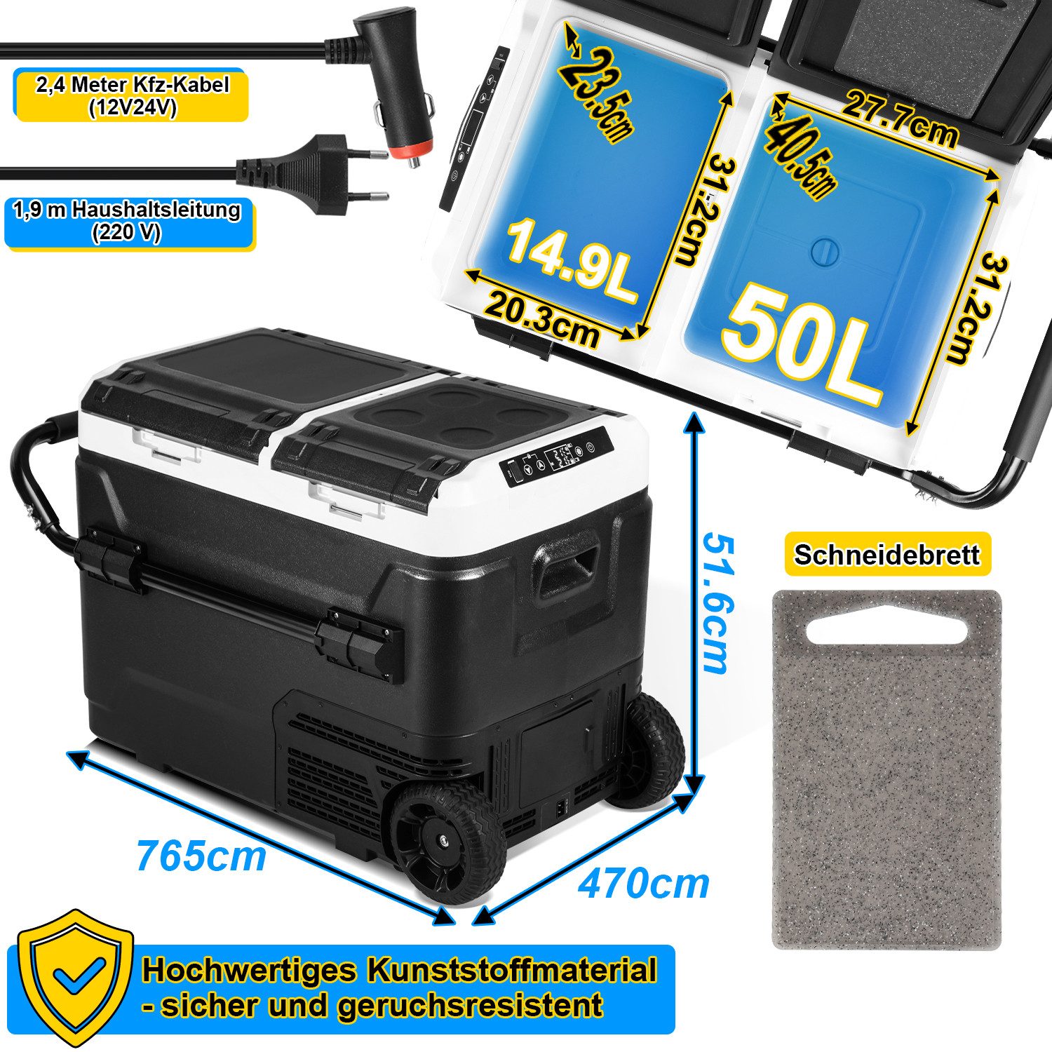 Clanmacy Kühlbox 50L Kompressor kühlbox Auto Kühlschrank App-Steuerung 12V/24V 110-240V, 50 l, 2V/24V, 110-240V, für Auto, Lkw, Boot, Wohnwagen, Camping
