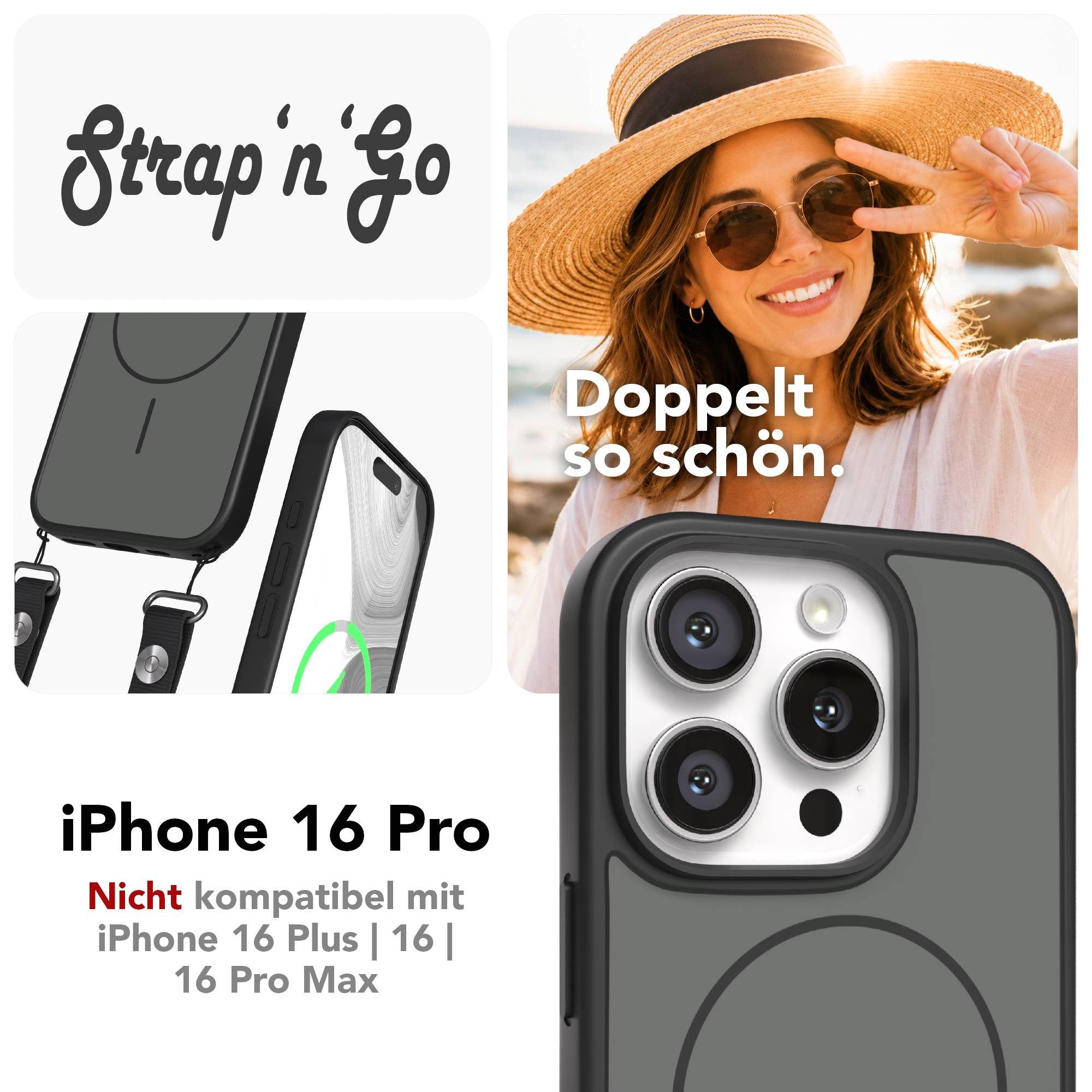 EAZY CASE Handykette Outdoor Case Thin MagSafe mit Band für Apple iPhone 16 Pro 6,3 Zoll, Outdoor Case mit Slim MagSafe Ring und Handykette in Schwarz