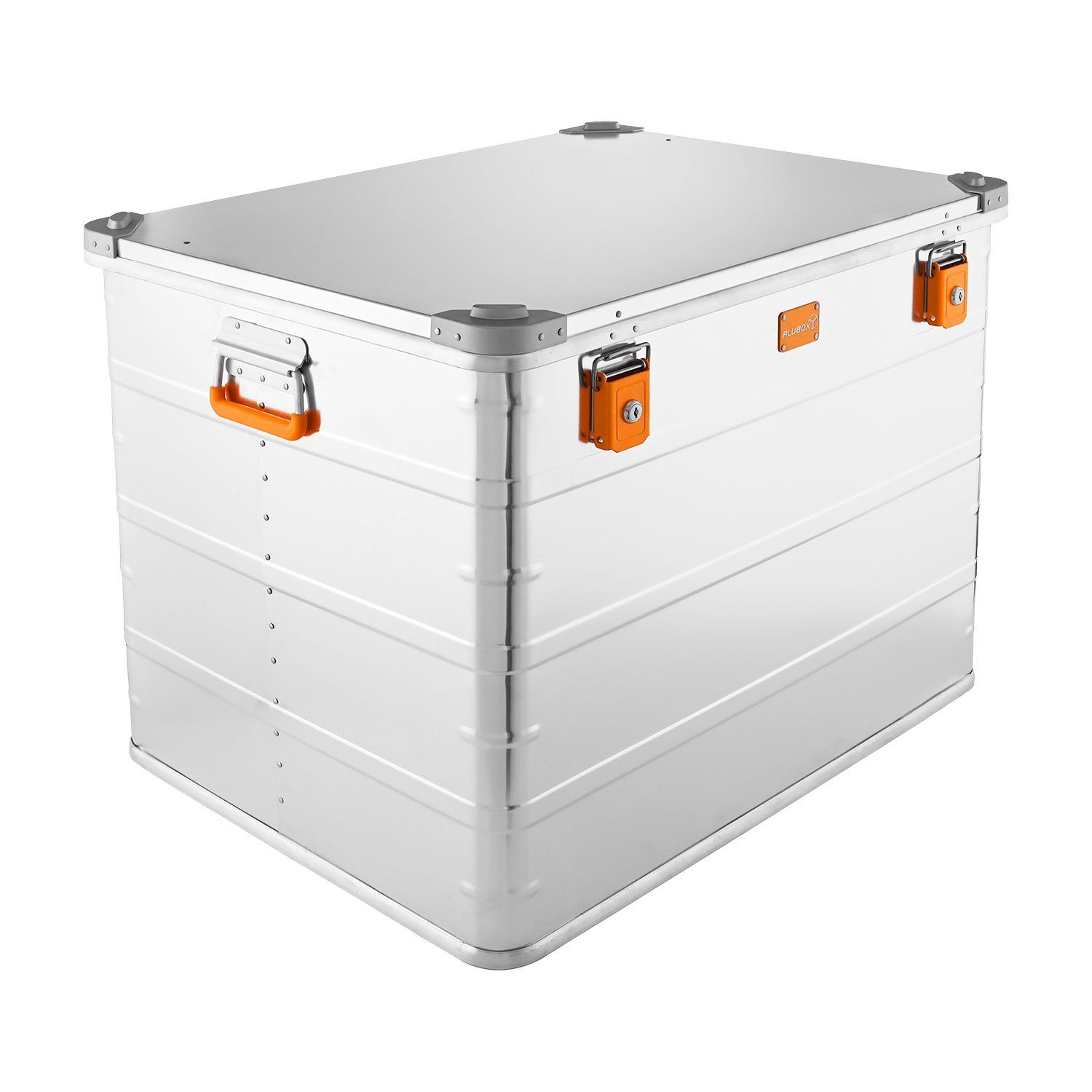 ALUBOX Aufbewahrungsbox mit Deckel und Stapelecken 1 mm Wandstärke (241 Liter), Fangbänder am Deckel - umlaufende Gummidichtung - Druckgussstapelecken