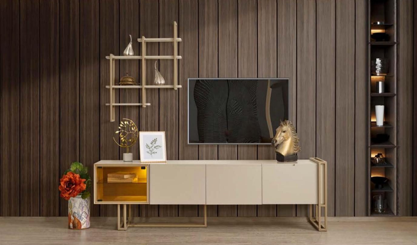 Wohnwand Elegantes TV Sideboard aus Holz und Edelstahl in Beige mit Regal